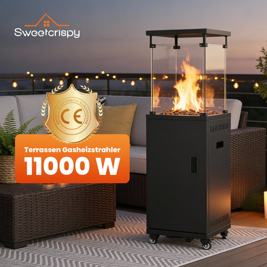 Sweetcrispy Terrassenheizstrahler Gasheizung 11kW mit Rollen und Kippschutz