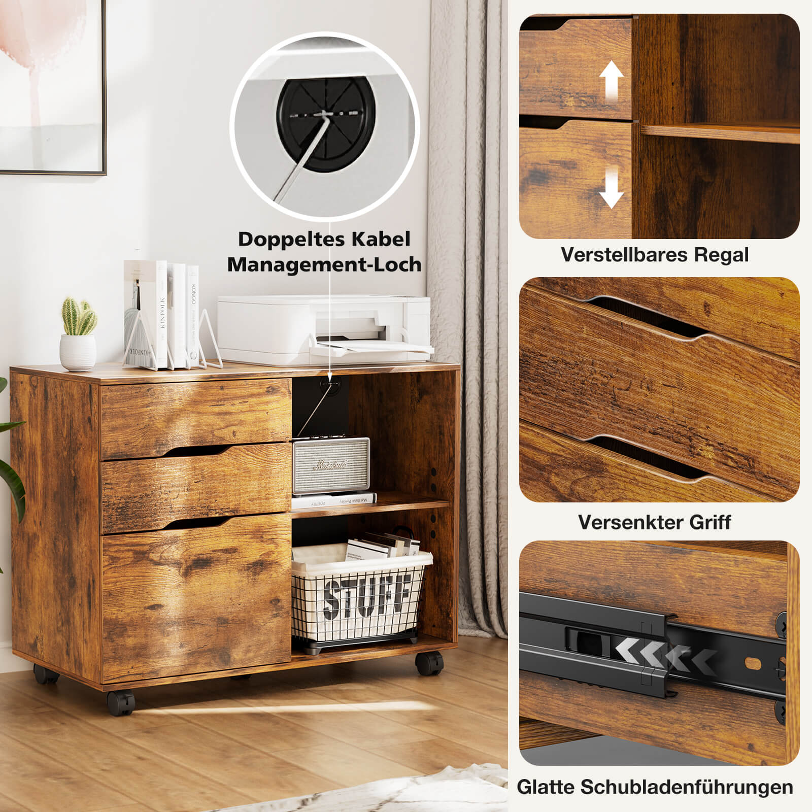 3 Schubladen Mobile Rolling Lateral File Cabinet für Home Office und Kinderzimmer