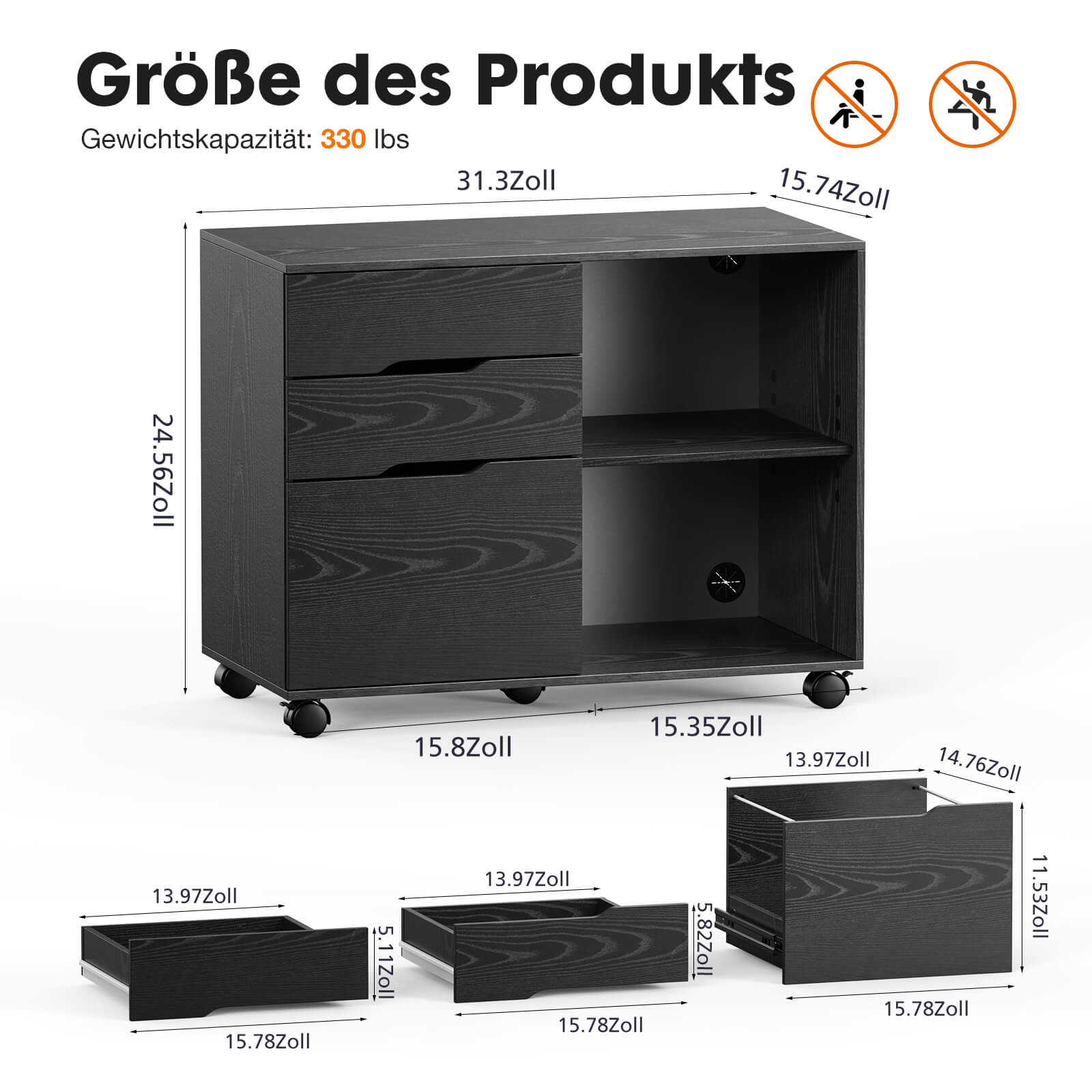 3 Schubladen Mobile Rolling Lateral File Cabinet für Home Office und Kinderzimmer