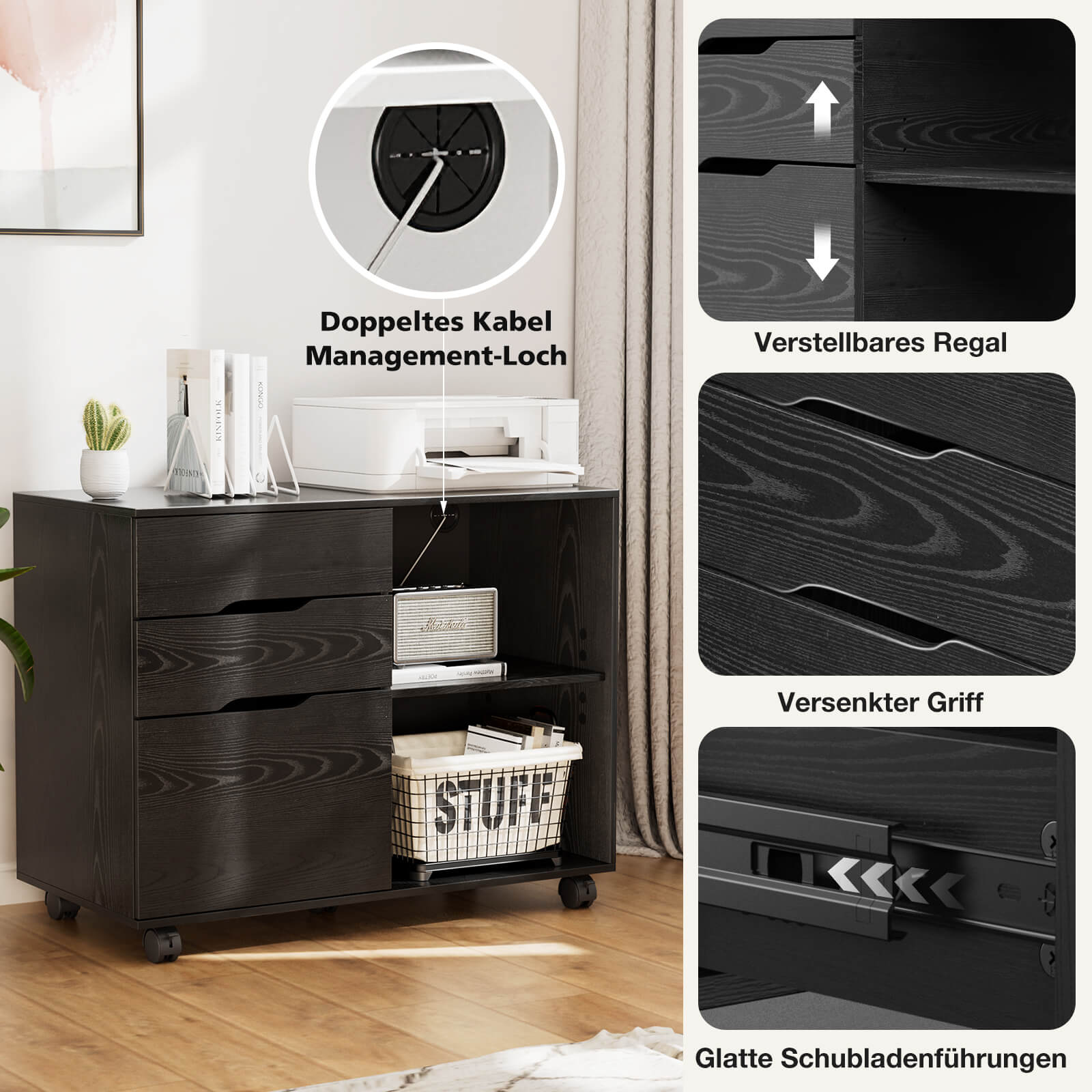3 Schubladen Mobile Rolling Lateral File Cabinet für Home Office und Kinderzimmer