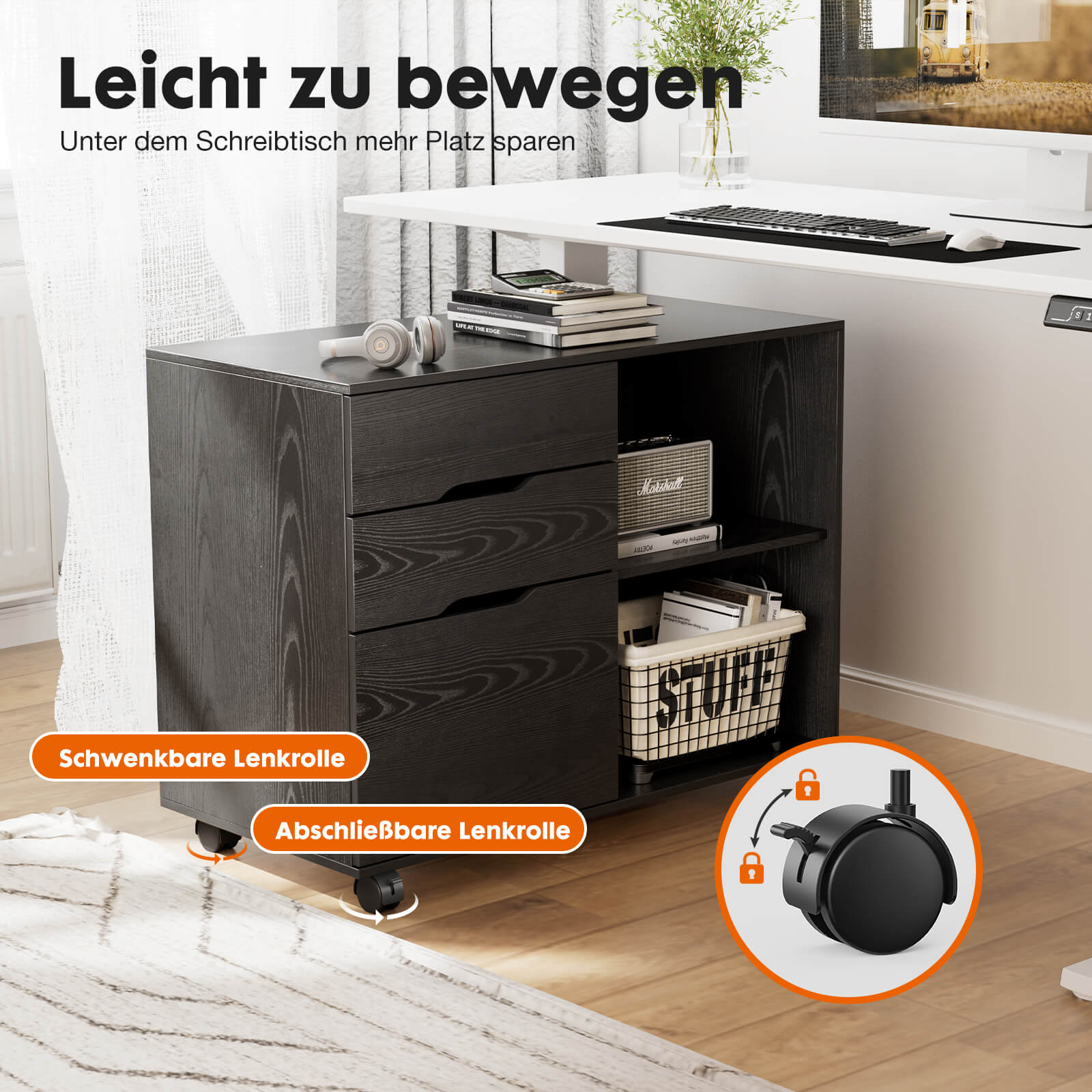 3 Schubladen Mobile Rolling Lateral File Cabinet für Home Office und Kinderzimmer