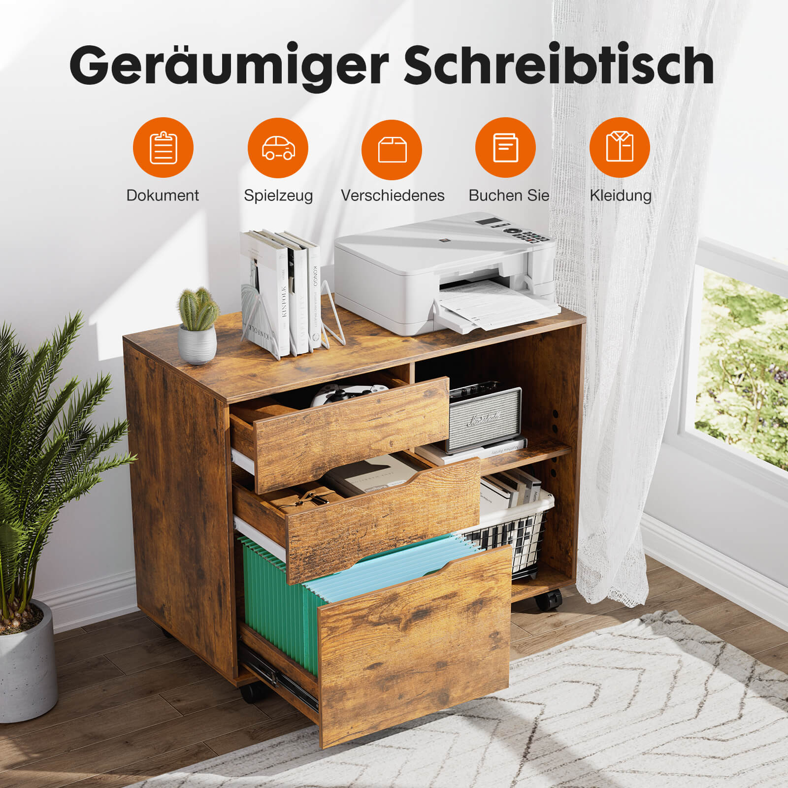 3 Schubladen Mobile Rolling Lateral File Cabinet für Home Office und Kinderzimmer