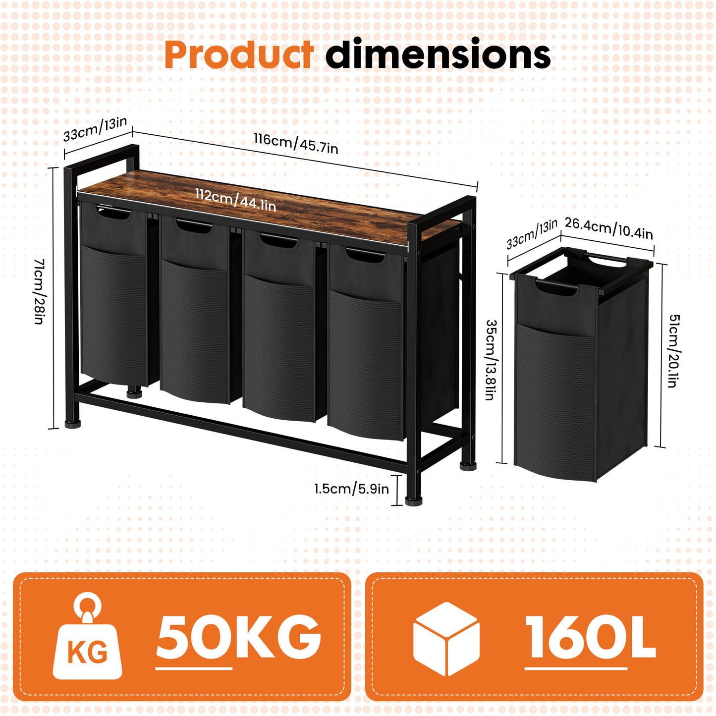 Sweetcrispy Wäschekorb mit Ablage, mehreren abnehmbaren Taschen & Rollen für Zuhause