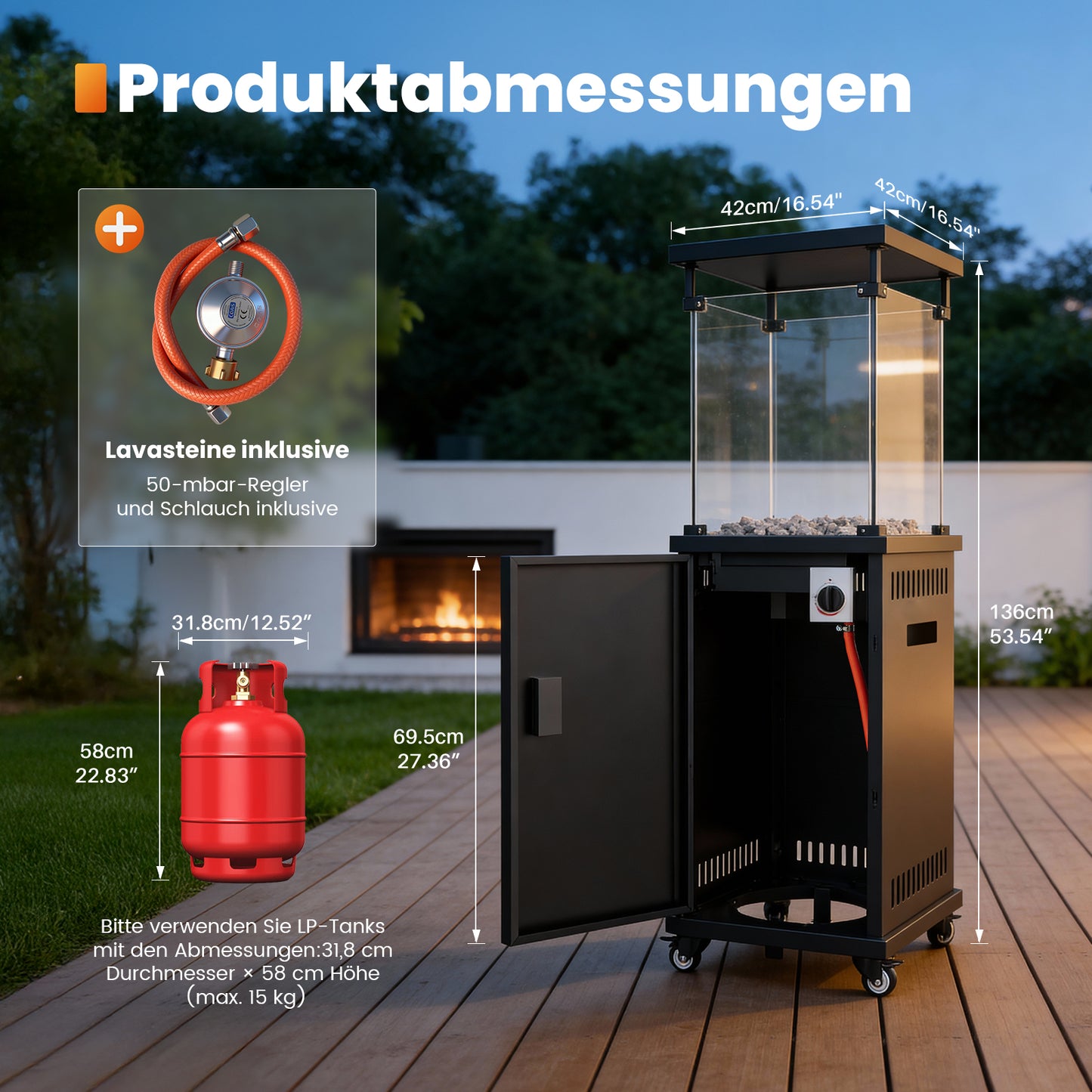 Sweetcrispy Terrassenheizstrahler Gasheizung 11kW mit Rollen und Kippschutz