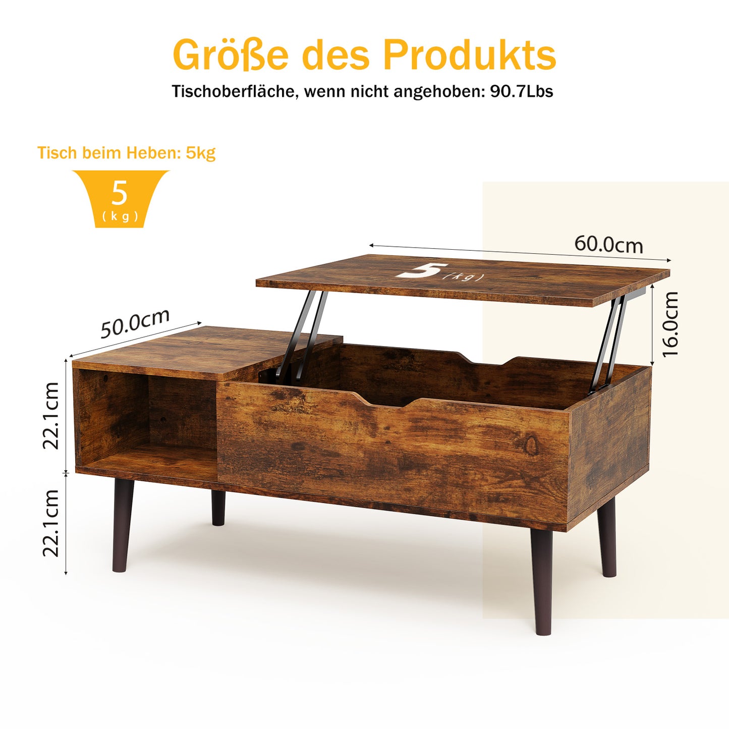 Sweetcrispy höhenverstellbarer Couchtisch mit Stauraumfunktion für das Wohnzimmer