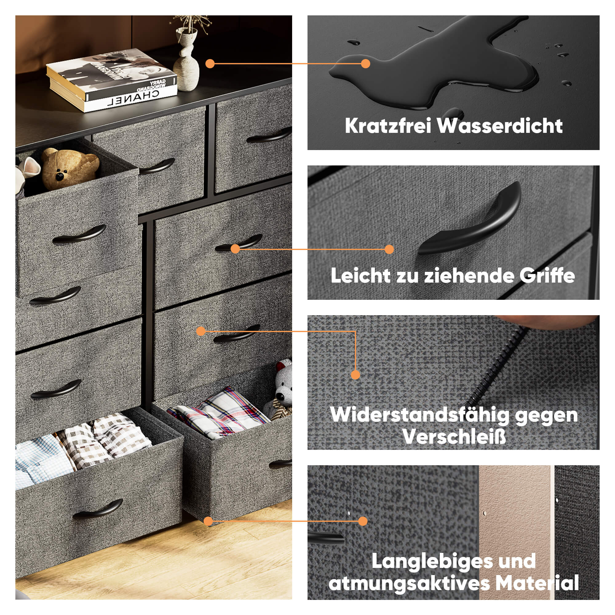 Hohe Dresser Fabric Storage Tower mit 9 Fabric Bins Schubladen, hölzerne Top für Kinderzimmer, Schrank, Eingang, Kinderzimmer