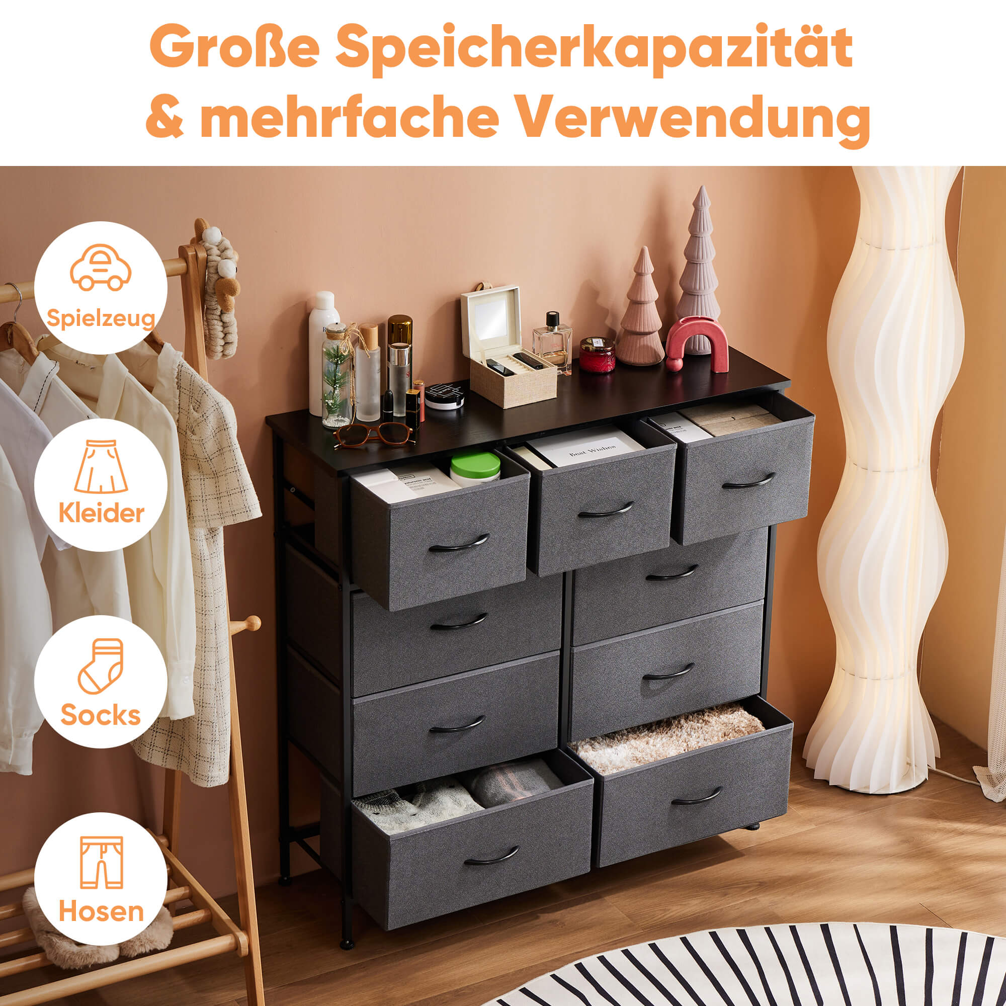 Hohe Dresser Fabric Storage Tower mit 9 Fabric Bins Schubladen, hölzerne Top für Kinderzimmer, Schrank, Eingang, Kinderzimmer