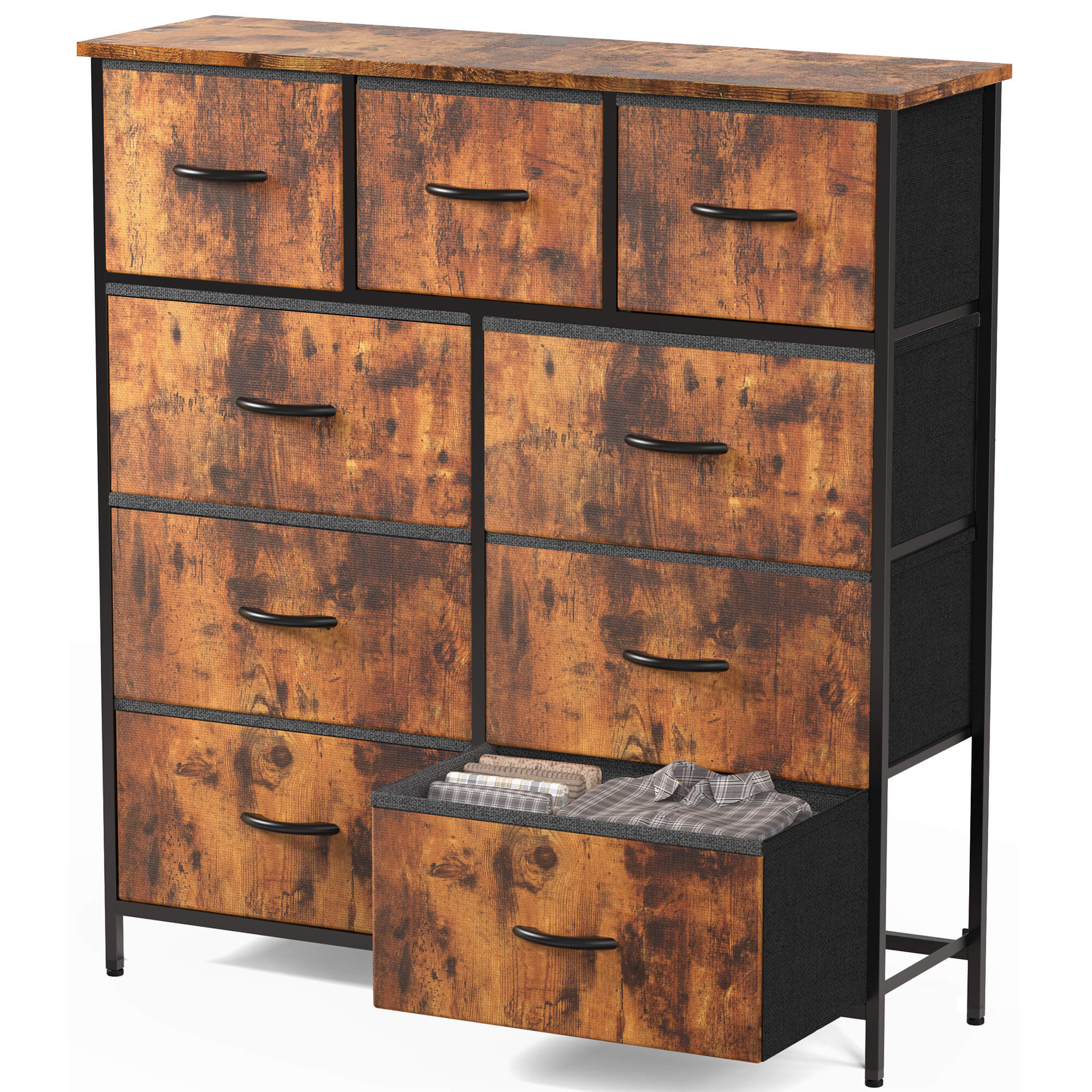 Hohe Dresser Fabric Storage Tower mit 9 Fabric Bins Schubladen, hölzerne Top für Kinderzimmer, Schrank, Eingang, Kinderzimmer
