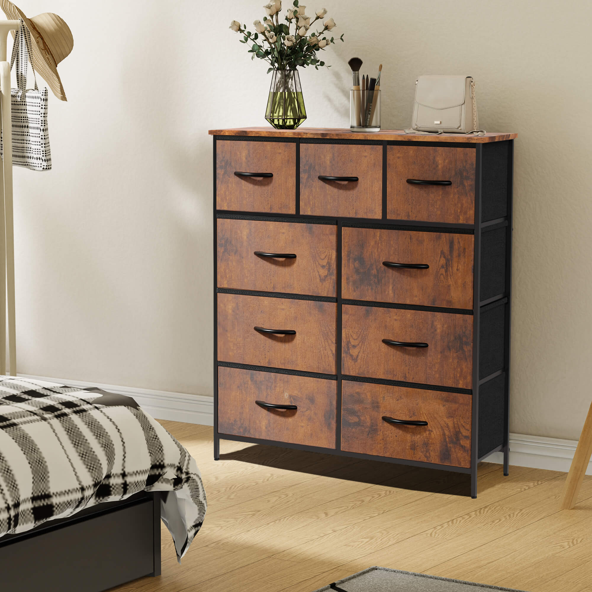 Hohe Dresser Fabric Storage Tower mit 9 Fabric Bins Schubladen, hölzerne Top für Kinderzimmer, Schrank, Eingang, Kinderzimmer