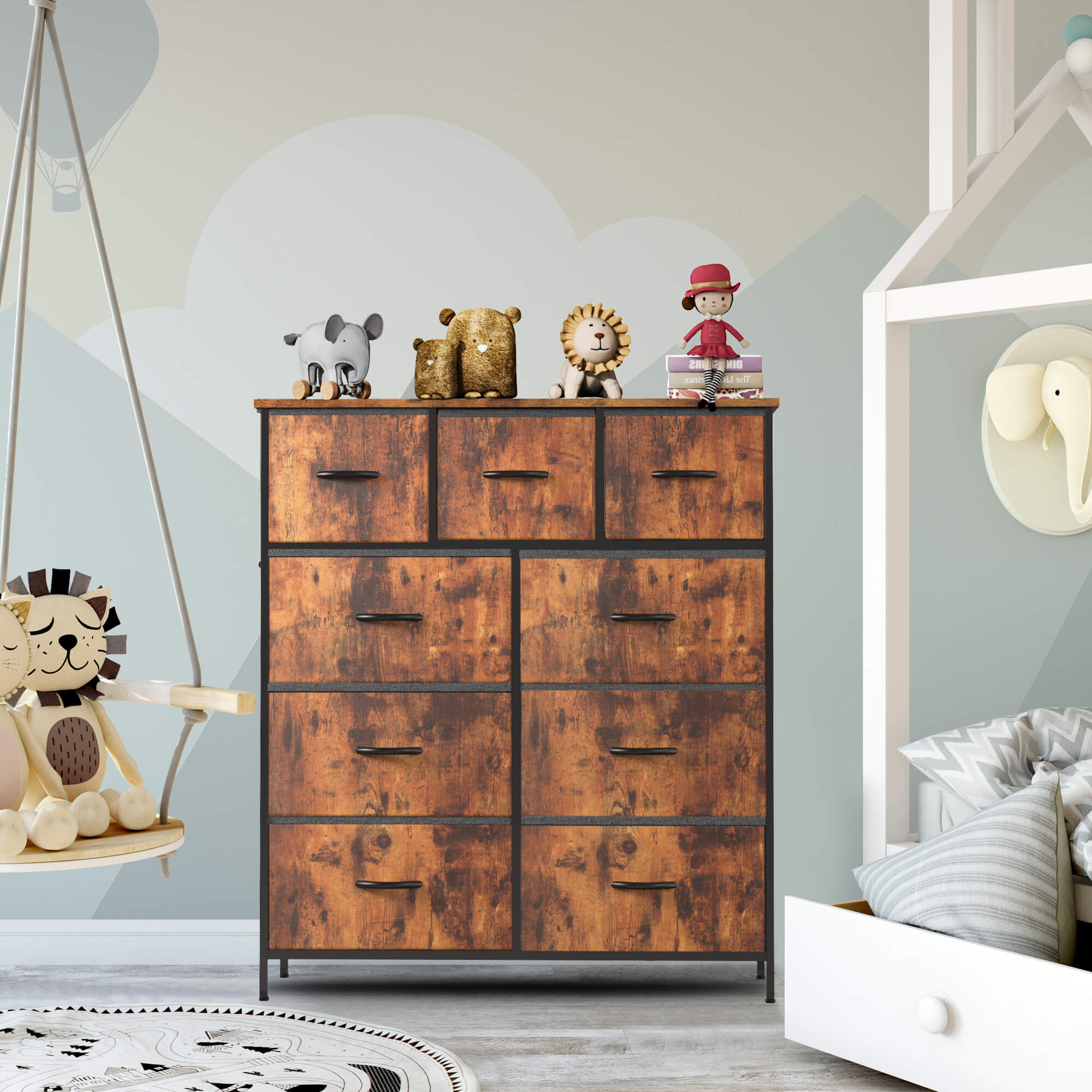 Hohe Dresser Fabric Storage Tower mit 9 Fabric Bins Schubladen, hölzerne Top für Kinderzimmer, Schrank, Eingang, Kinderzimmer