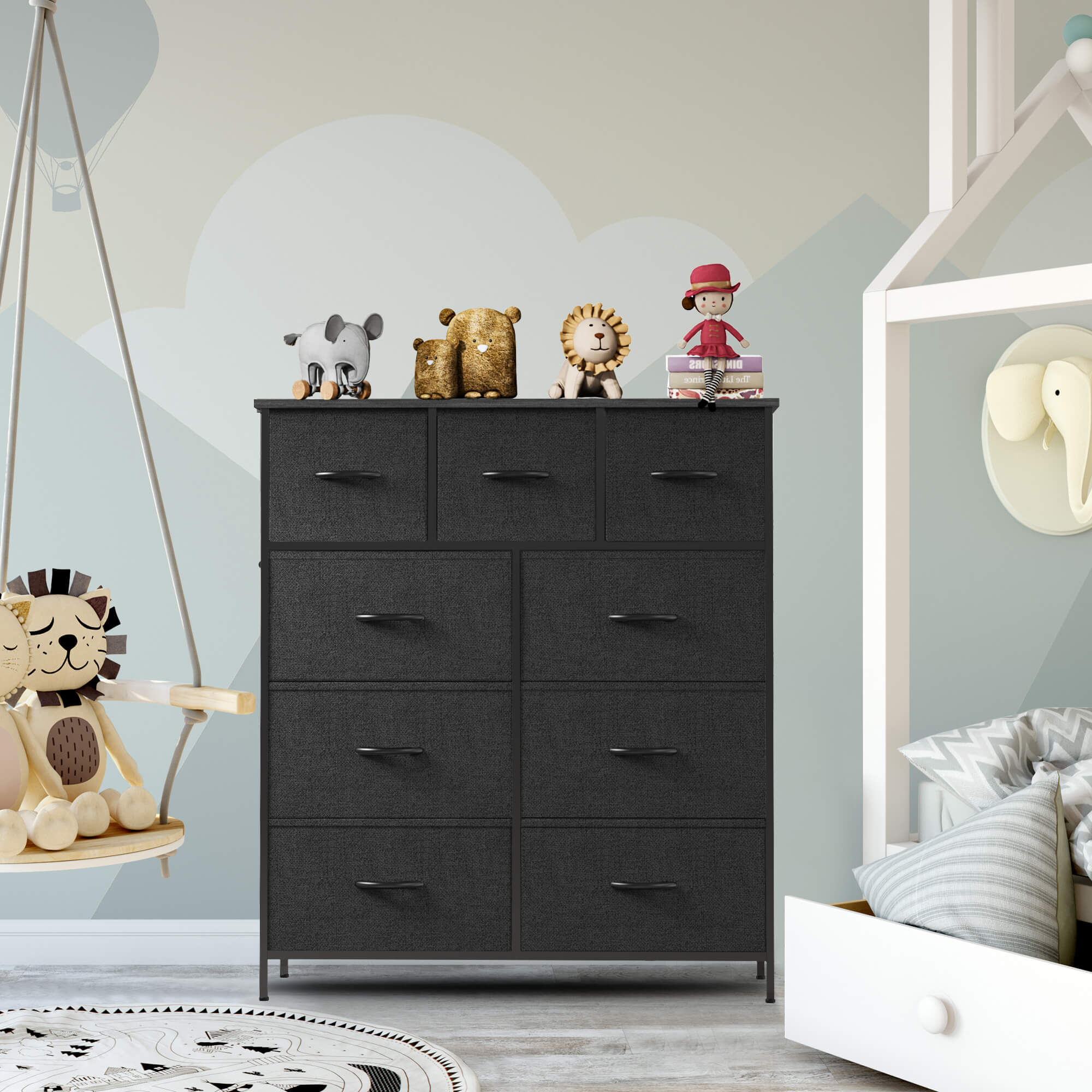 Hohe Dresser Fabric Storage Tower mit 9 Fabric Bins Schubladen, hölzerne Top für Kinderzimmer, Schrank, Eingang, Kinderzimmer
