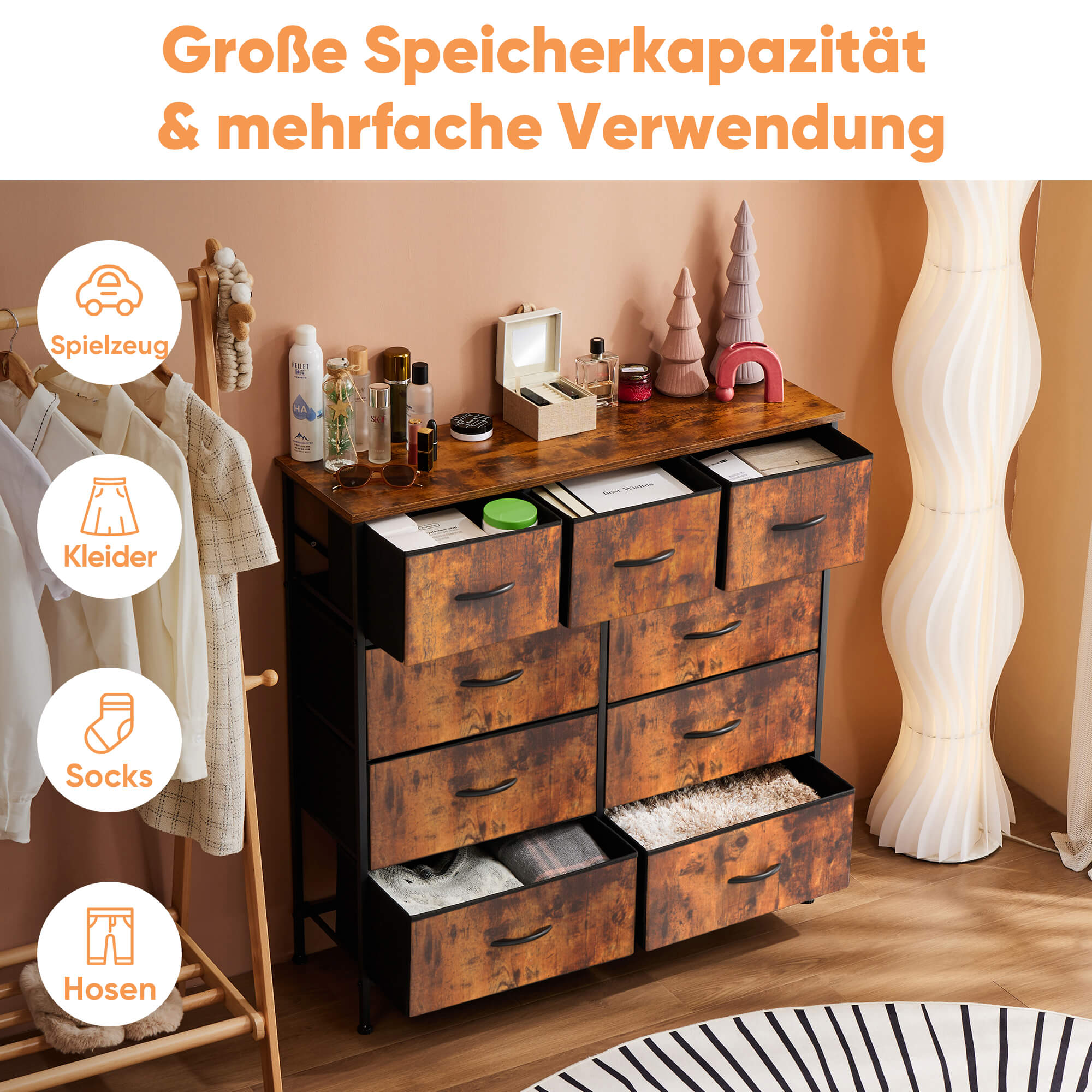 Hohe Dresser Fabric Storage Tower mit 9 Fabric Bins Schubladen, hölzerne Top für Kinderzimmer, Schrank, Eingang, Kinderzimmer