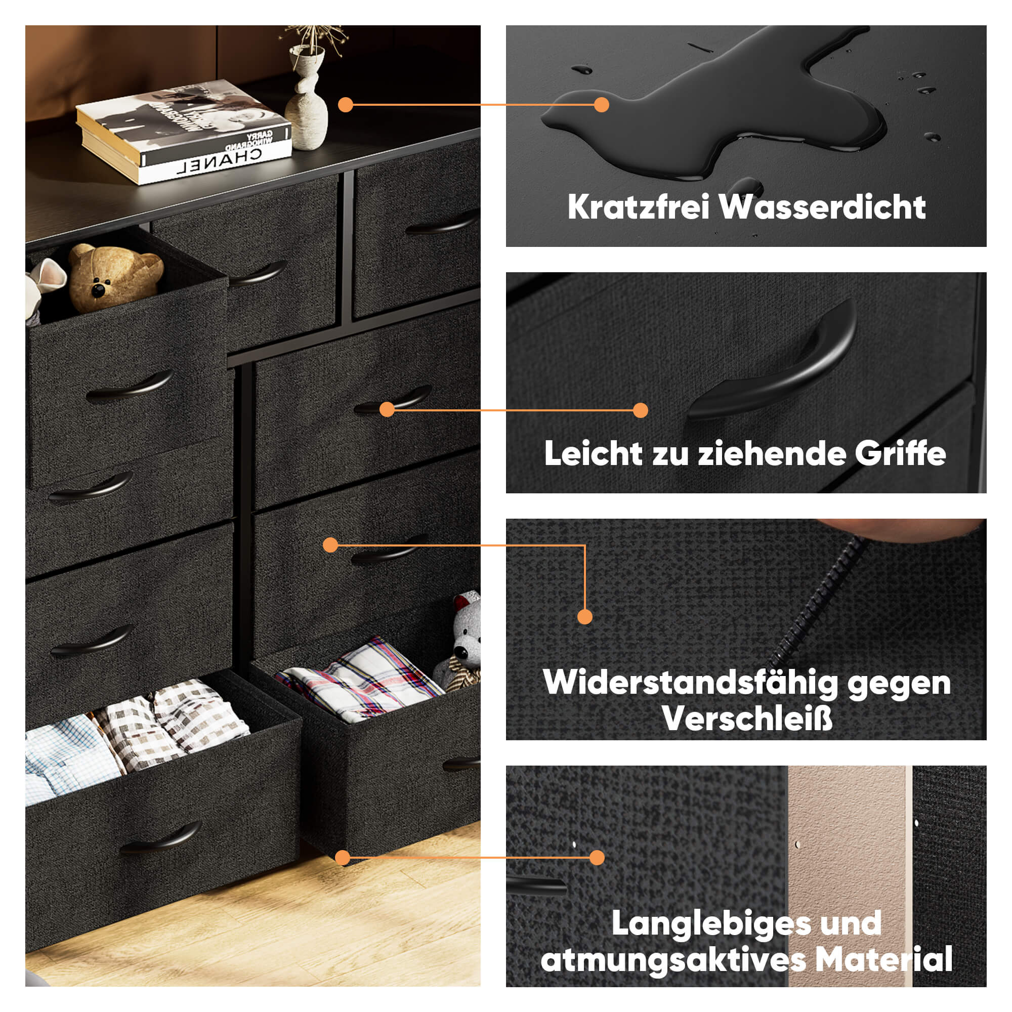 Hohe Dresser Fabric Storage Tower mit 9 Fabric Bins Schubladen, hölzerne Top für Kinderzimmer, Schrank, Eingang, Kinderzimmer
