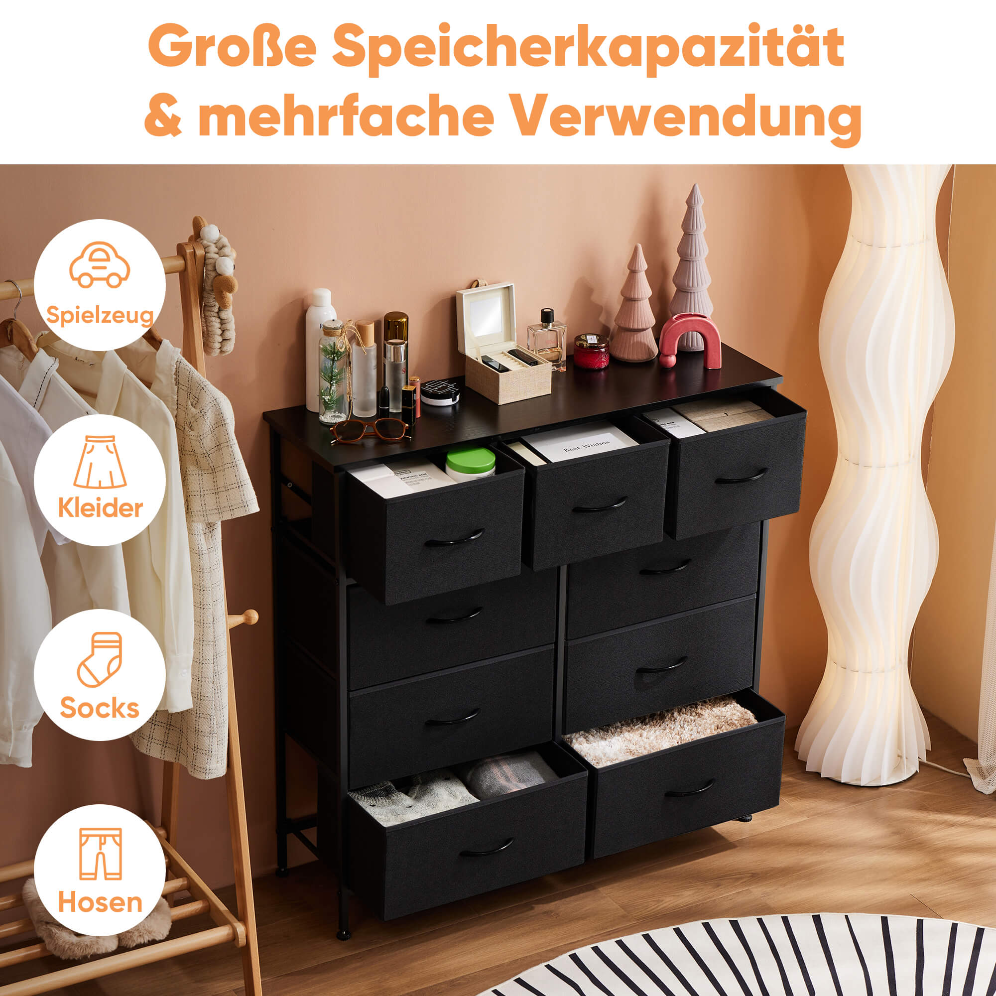 Hohe Dresser Fabric Storage Tower mit 9 Fabric Bins Schubladen, hölzerne Top für Kinderzimmer, Schrank, Eingang, Kinderzimmer