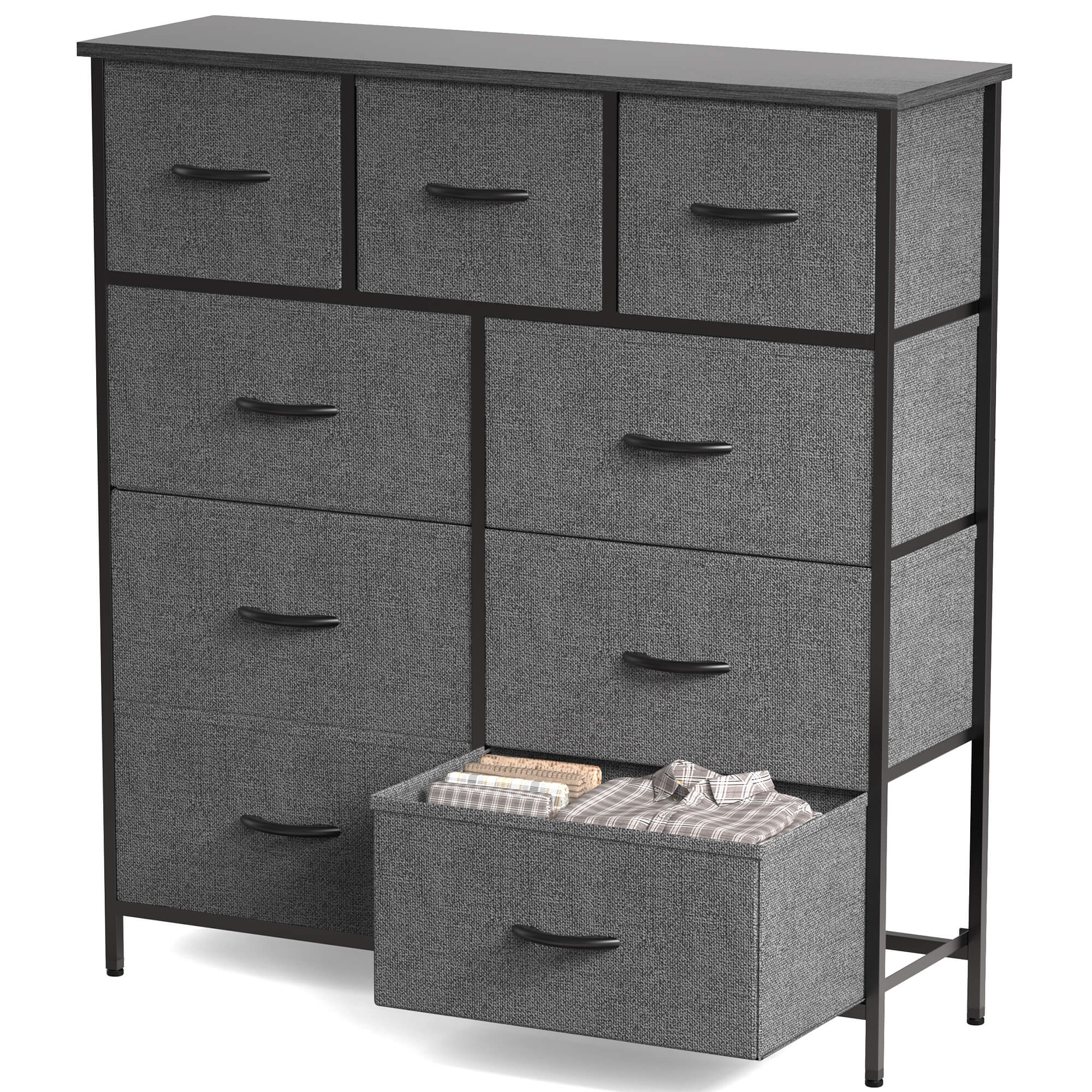 Hohe Dresser Fabric Storage Tower mit 9 Fabric Bins Schubladen, hölzerne Top für Kinderzimmer, Schrank, Eingang, Kinderzimmer