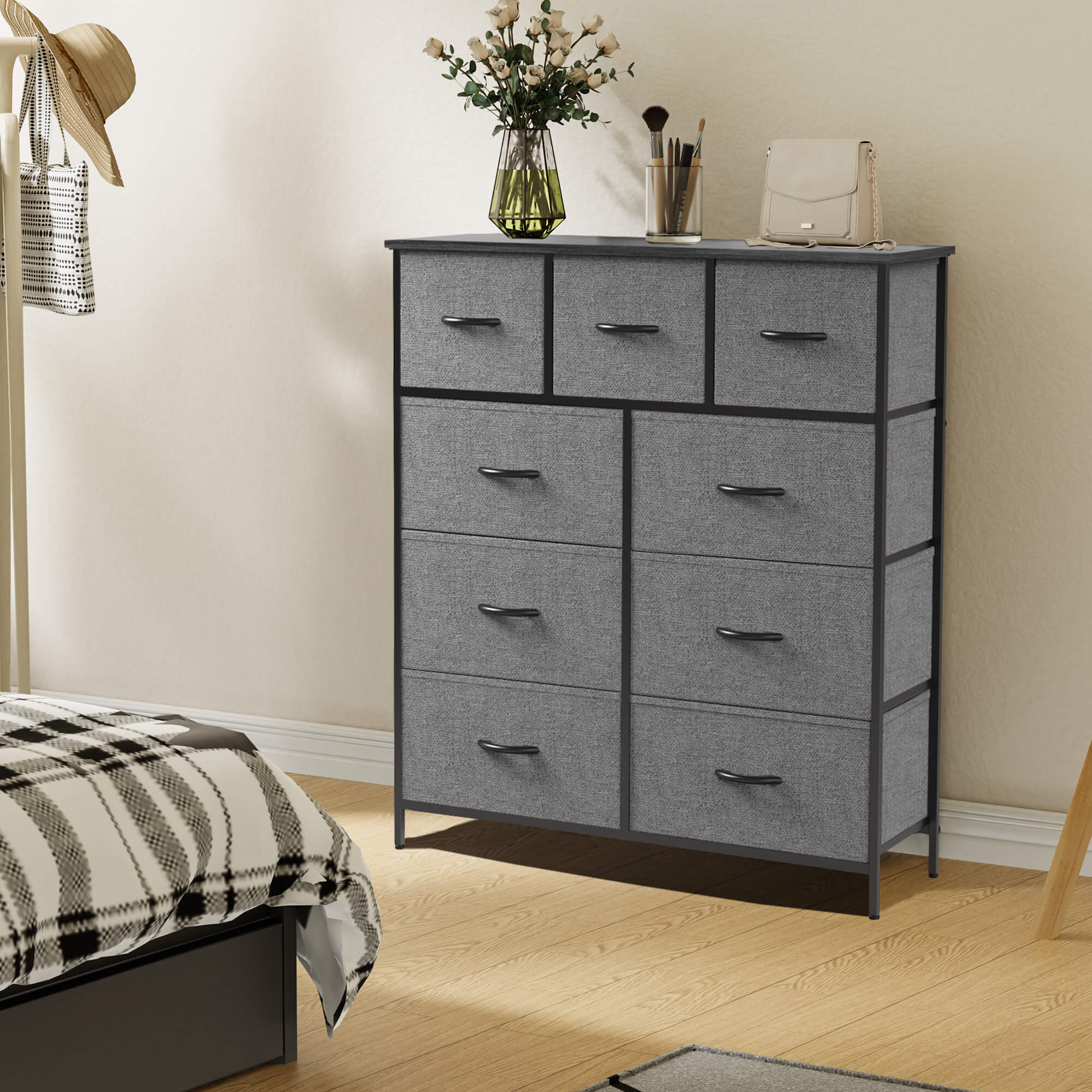 Hohe Dresser Fabric Storage Tower mit 9 Fabric Bins Schubladen, hölzerne Top für Kinderzimmer, Schrank, Eingang, Kinderzimmer