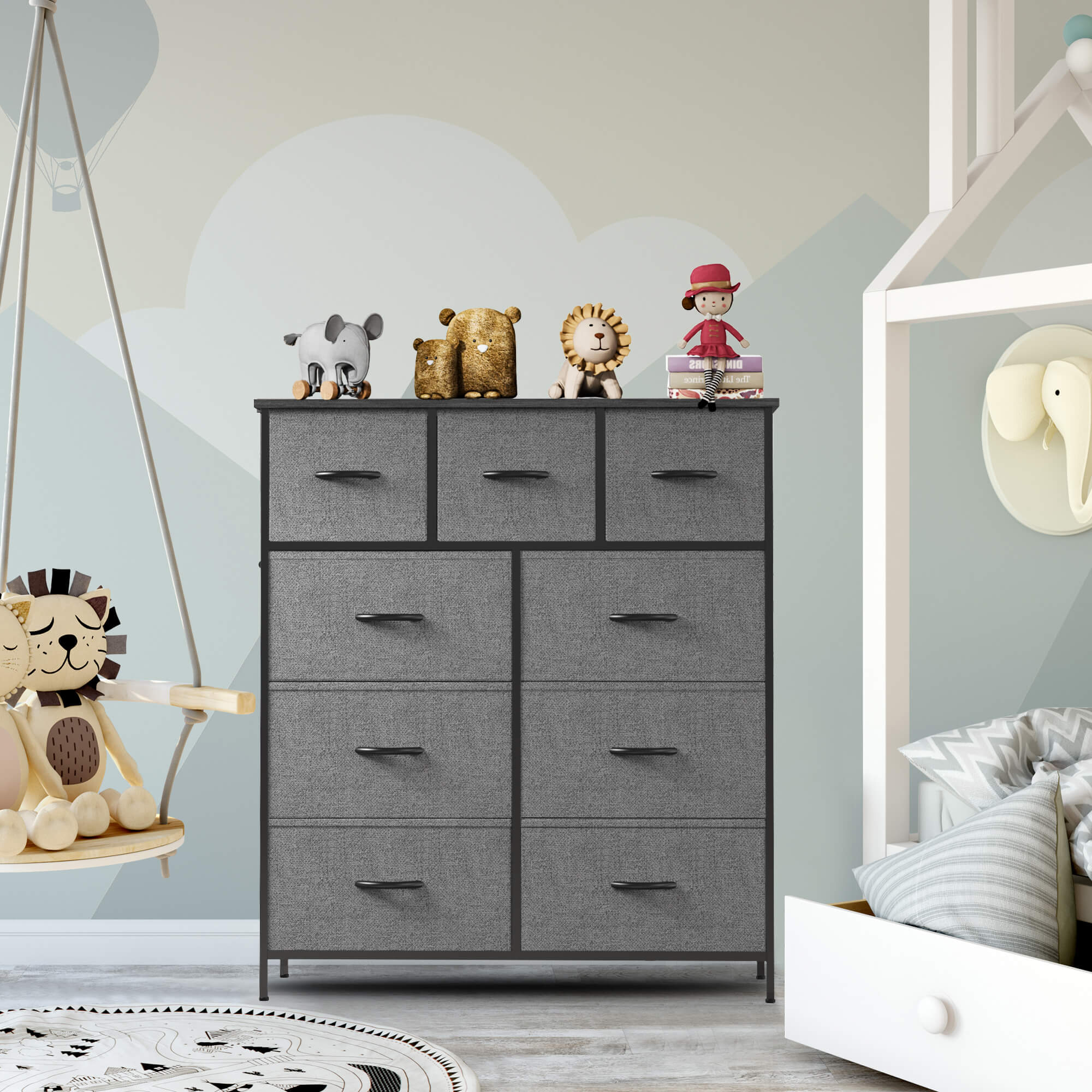 Hohe Dresser Fabric Storage Tower mit 9 Fabric Bins Schubladen, hölzerne Top für Kinderzimmer, Schrank, Eingang, Kinderzimmer