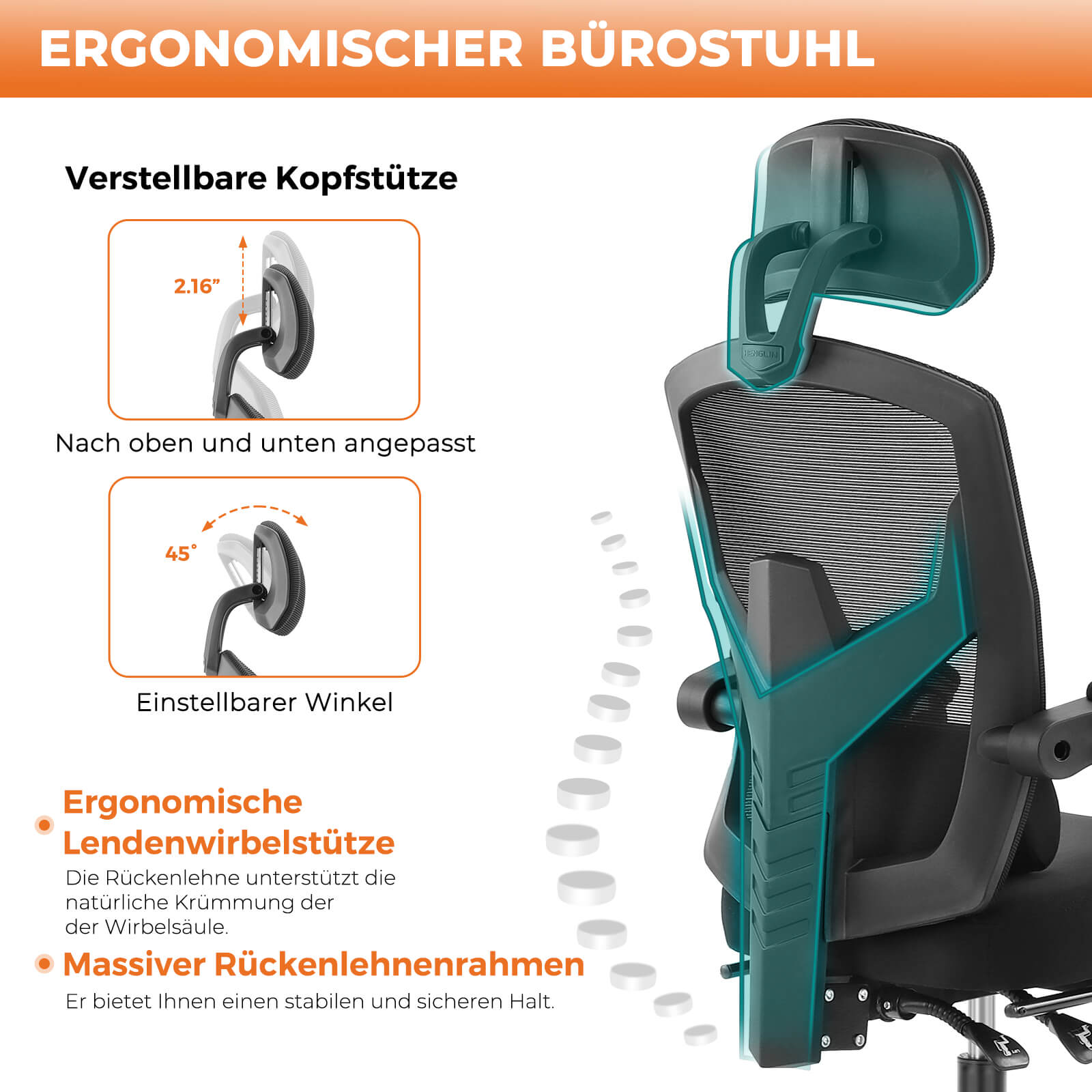Einklappbare Fußstütze Ergonomischer Bürodrehstuhl mit Lendenstützkissen und gepolsterten Armlehnen