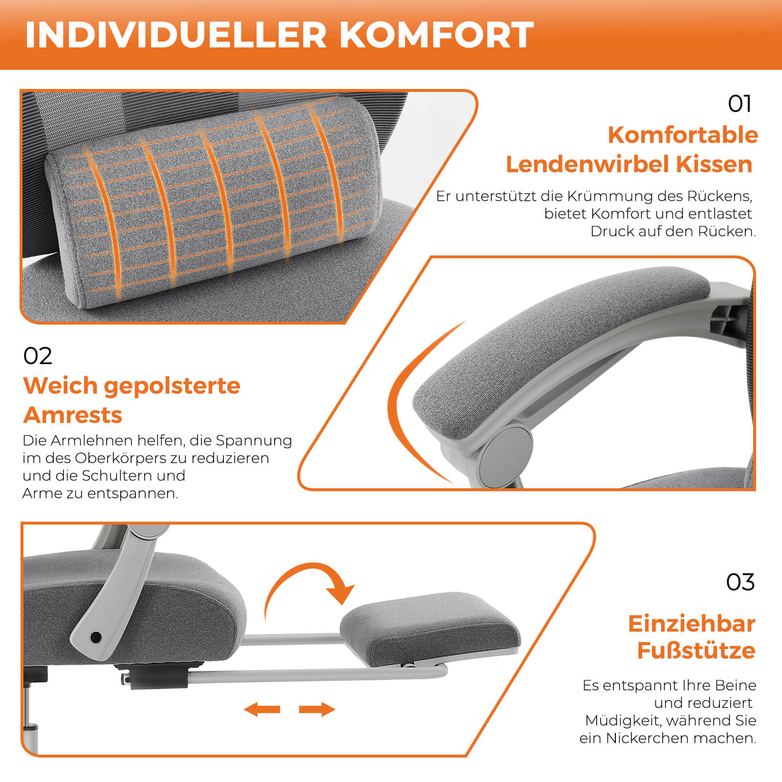 Einklappbare Fußstütze Ergonomischer Bürodrehstuhl mit Lendenstützkissen und gepolsterten Armlehnen