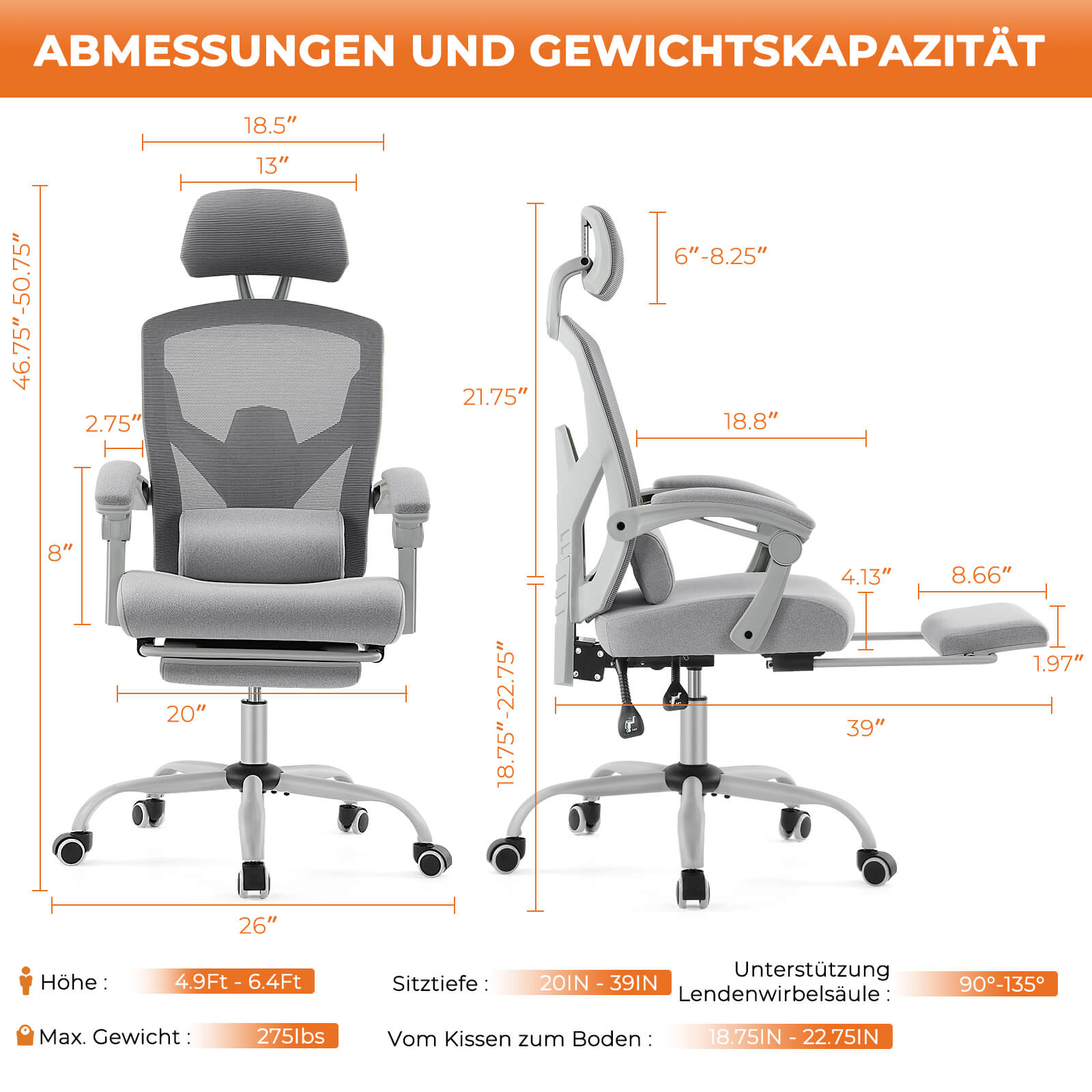 Einklappbare Fußstütze Ergonomischer Bürodrehstuhl mit Lendenstützkissen und gepolsterten Armlehnen
