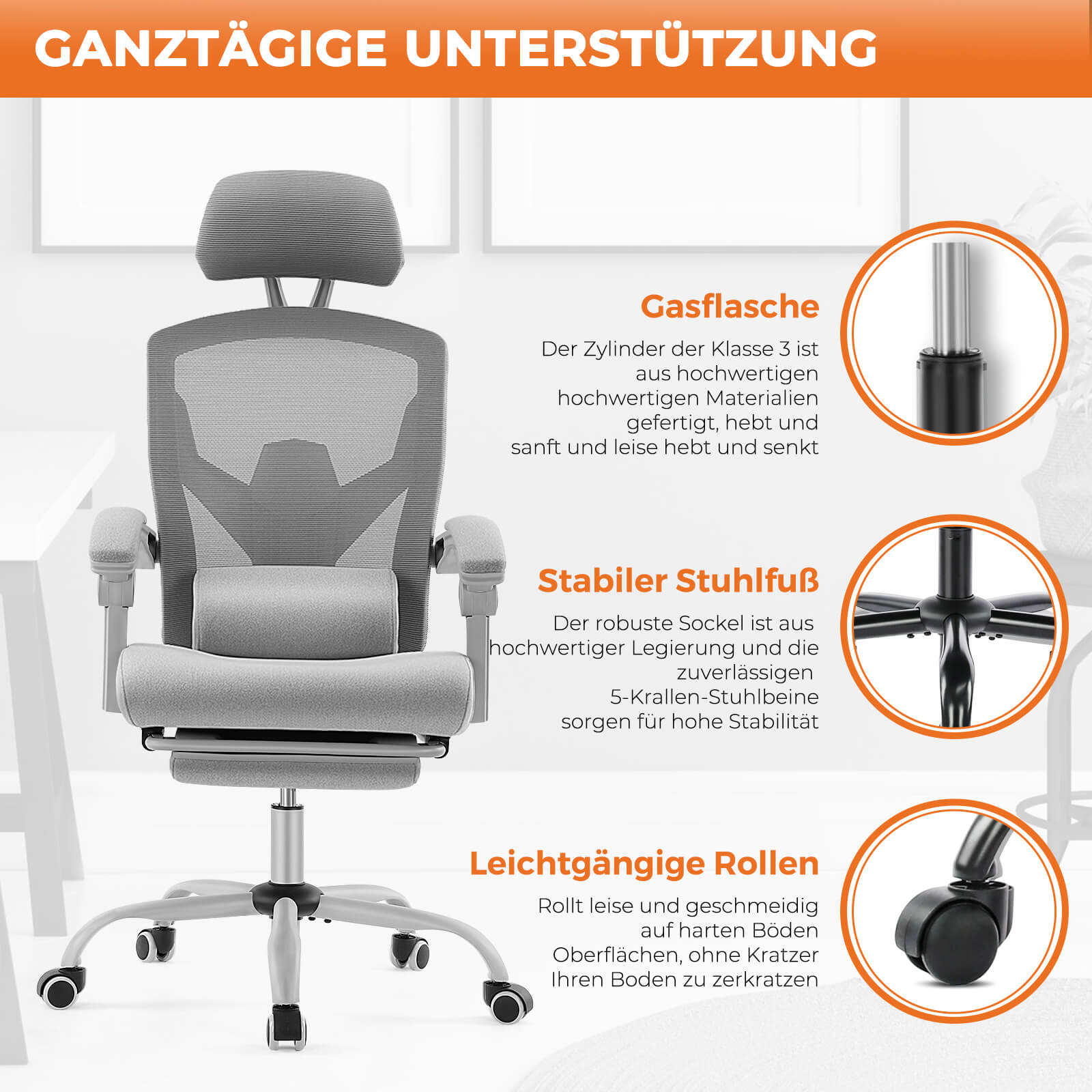 Einklappbare Fußstütze Ergonomischer Bürodrehstuhl mit Lendenstützkissen und gepolsterten Armlehnen
