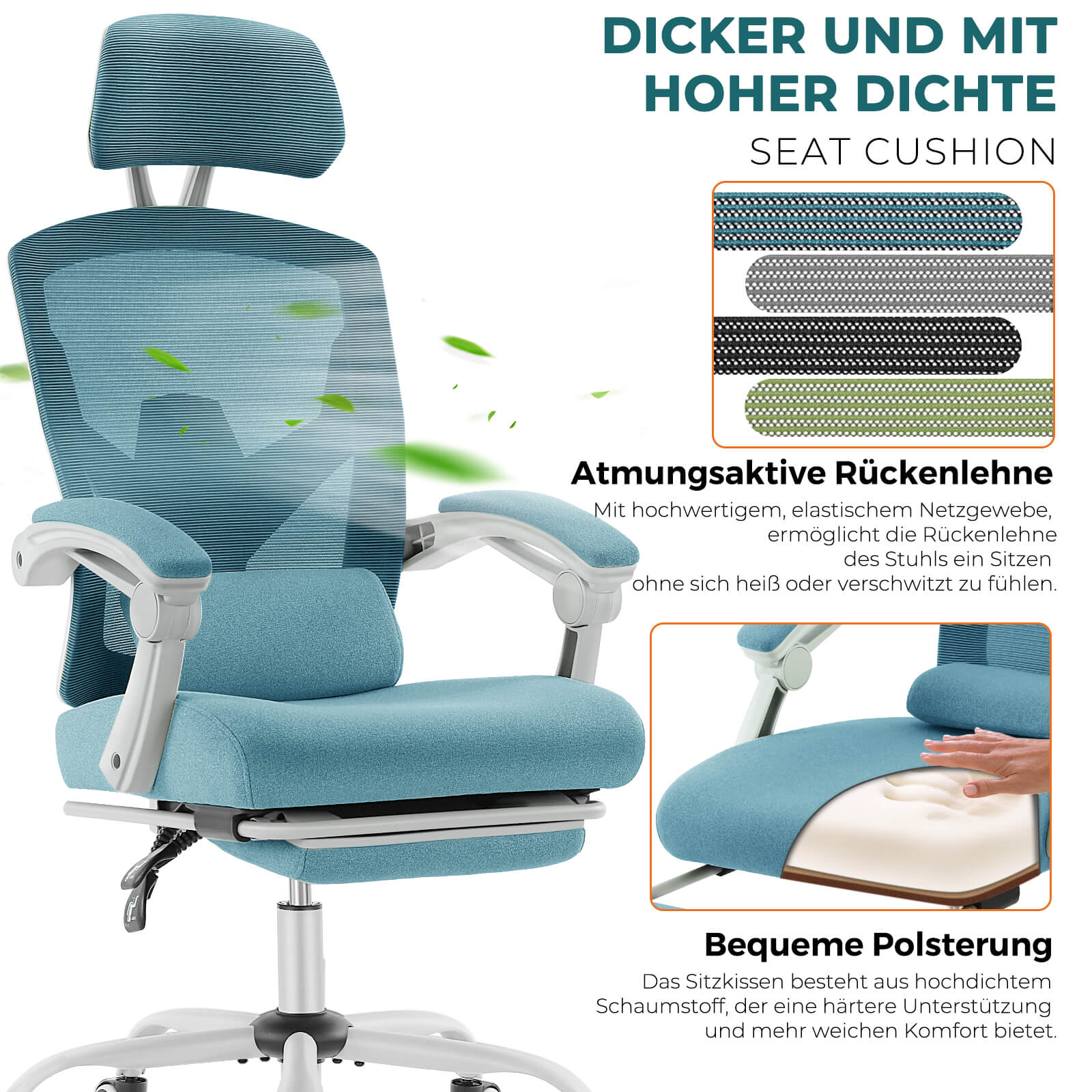 Einklappbare Fußstütze Ergonomischer Bürodrehstuhl mit Lendenstützkissen und gepolsterten Armlehnen