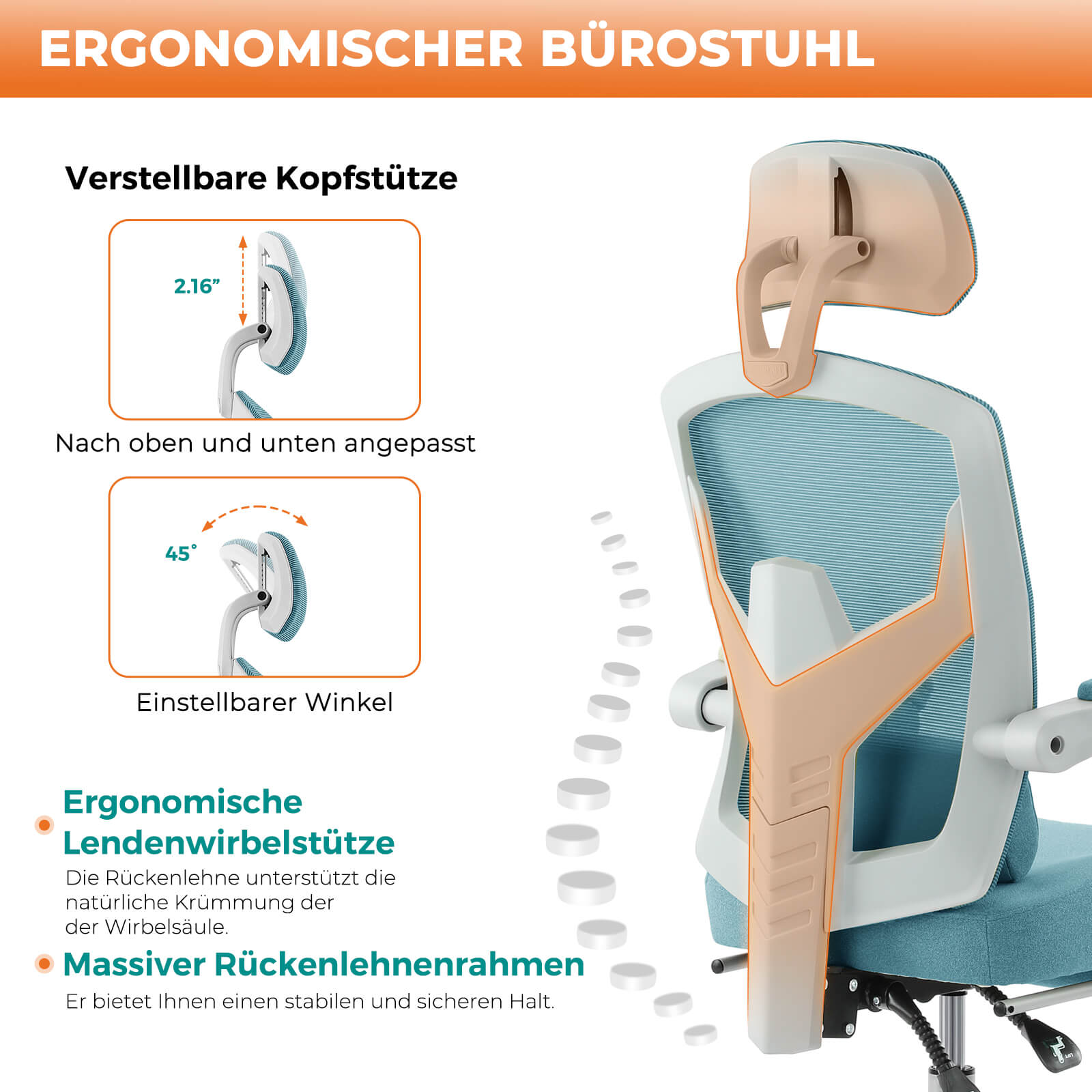 Einklappbare Fußstütze Ergonomischer Bürodrehstuhl mit Lendenstützkissen und gepolsterten Armlehnen