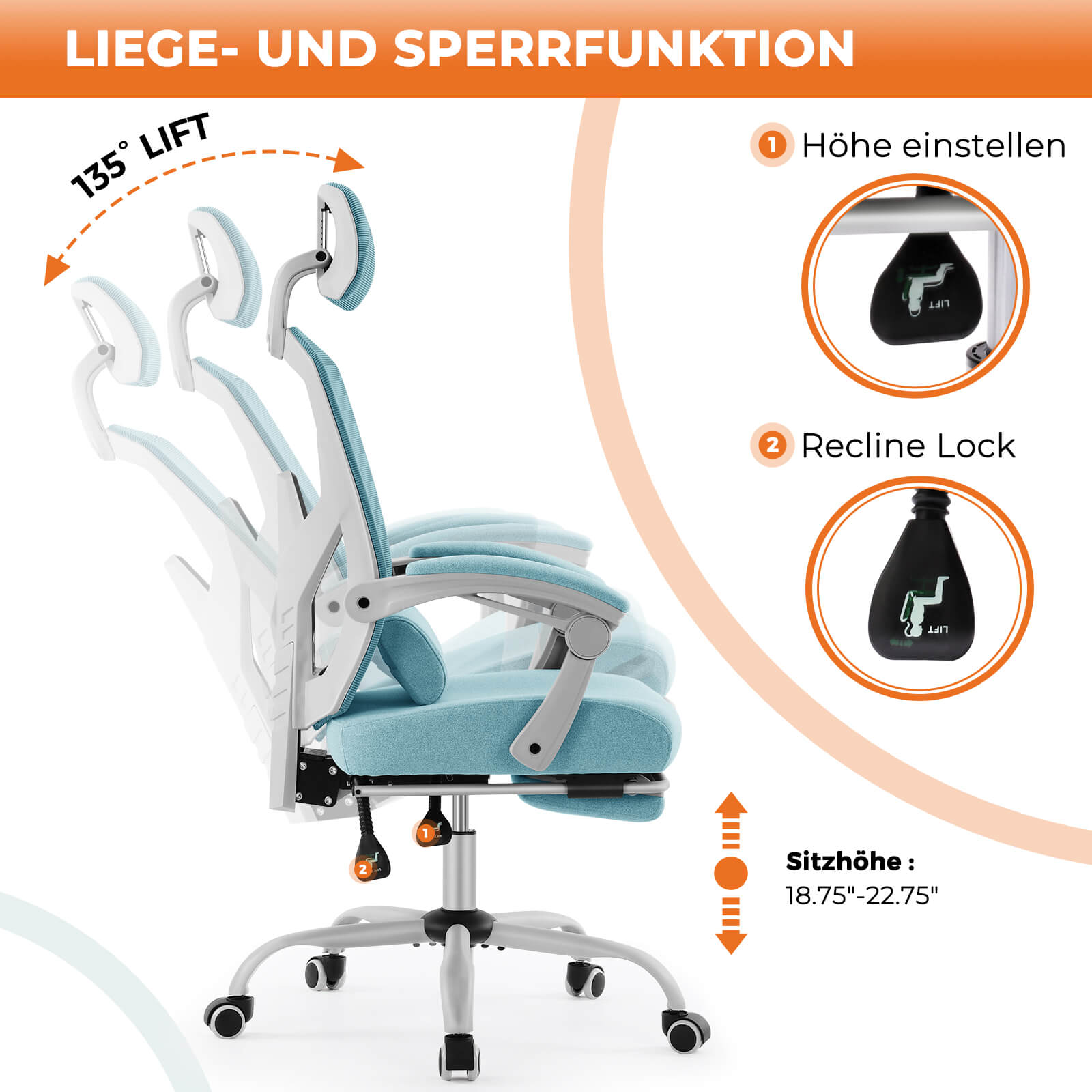 Einklappbare Fußstütze Ergonomischer Bürodrehstuhl mit Lendenstützkissen und gepolsterten Armlehnen