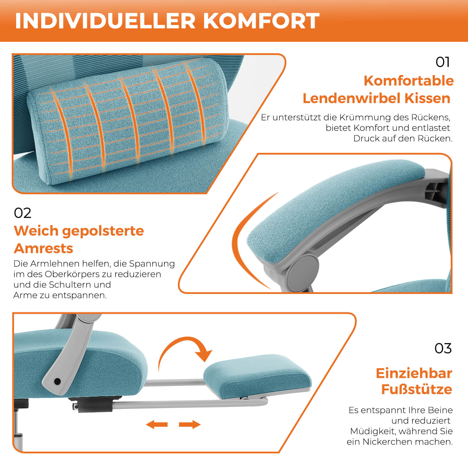 Einklappbare Fußstütze Ergonomischer Bürodrehstuhl mit Lendenstützkissen und gepolsterten Armlehnen