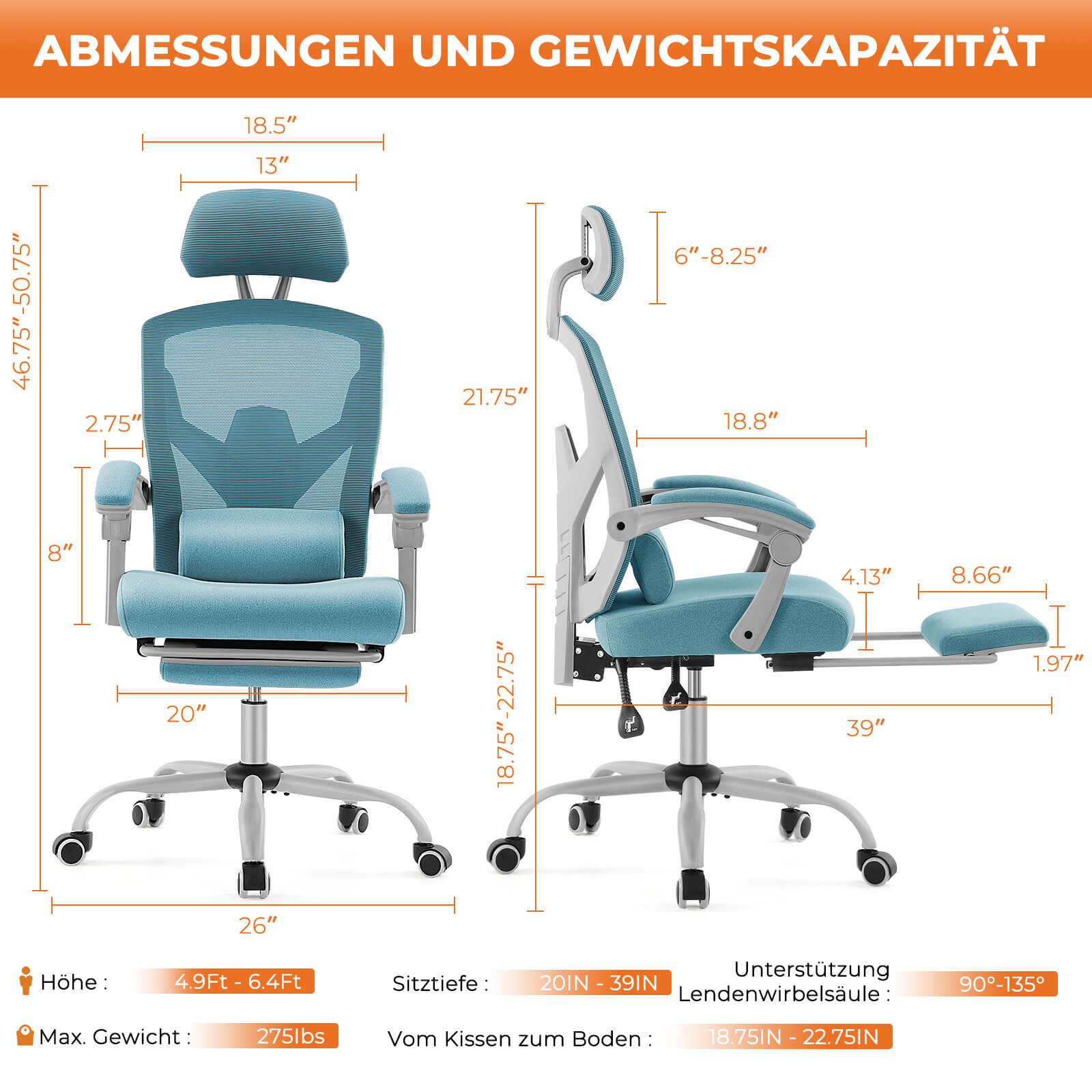 Einklappbare Fußstütze Ergonomischer Bürodrehstuhl mit Lendenstützkissen und gepolsterten Armlehnen