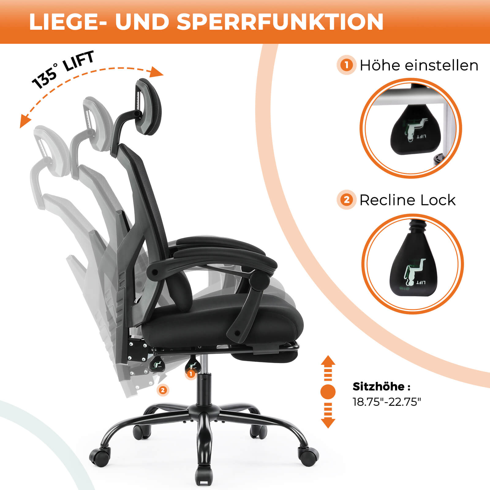 Einklappbare Fußstütze Ergonomischer Bürodrehstuhl mit Lendenstützkissen und gepolsterten Armlehnen