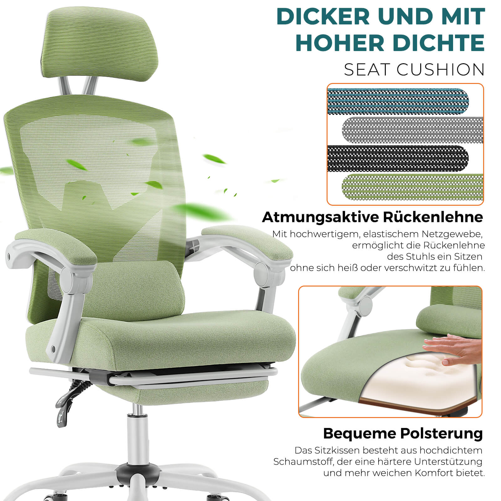 Einklappbare Fußstütze Ergonomischer Bürodrehstuhl mit Lendenstützkissen und gepolsterten Armlehnen