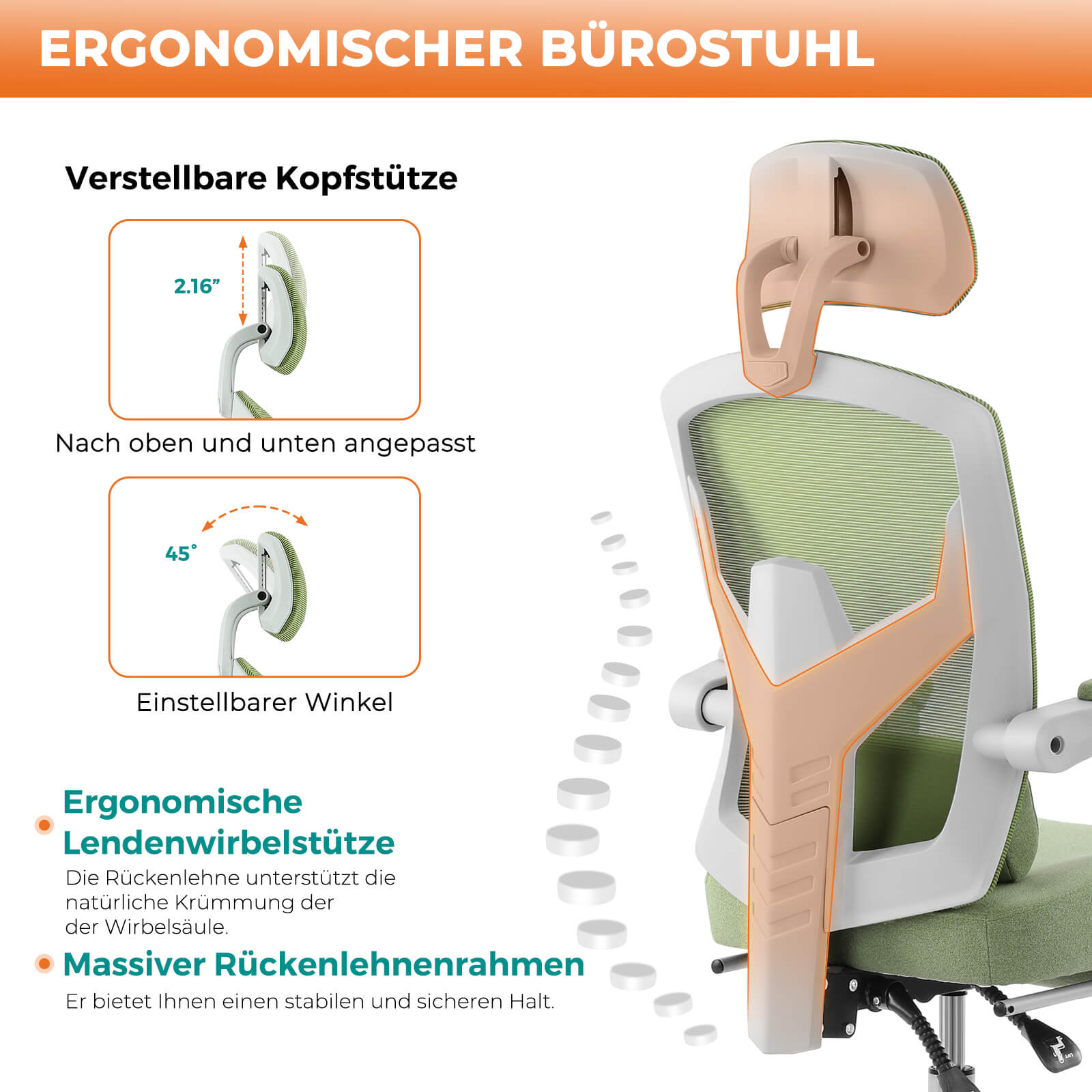 Einklappbare Fußstütze Ergonomischer Bürodrehstuhl mit Lendenstützkissen und gepolsterten Armlehnen
