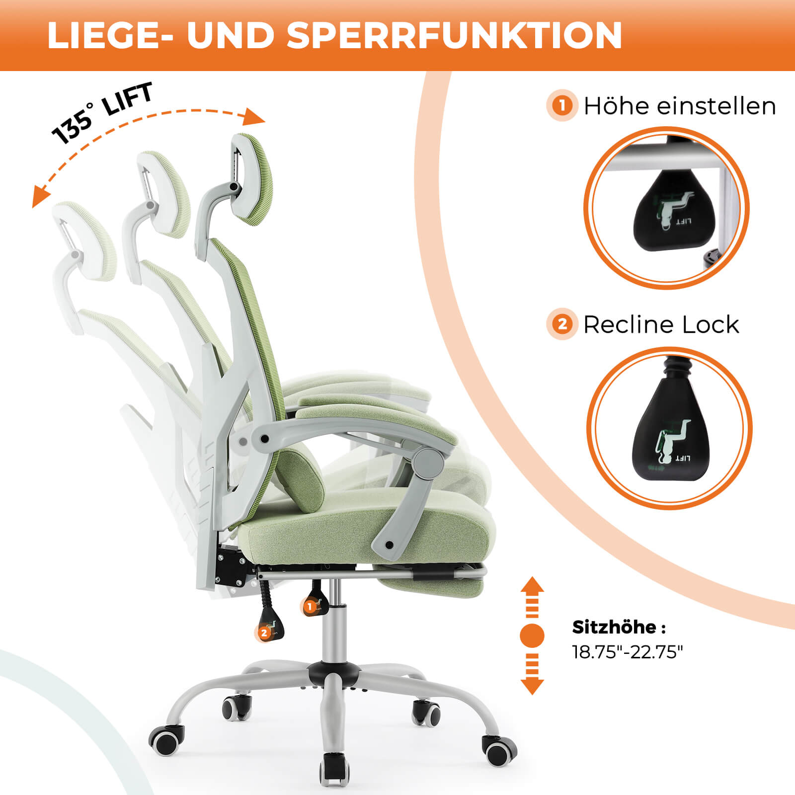 Einklappbare Fußstütze Ergonomischer Bürodrehstuhl mit Lendenstützkissen und gepolsterten Armlehnen