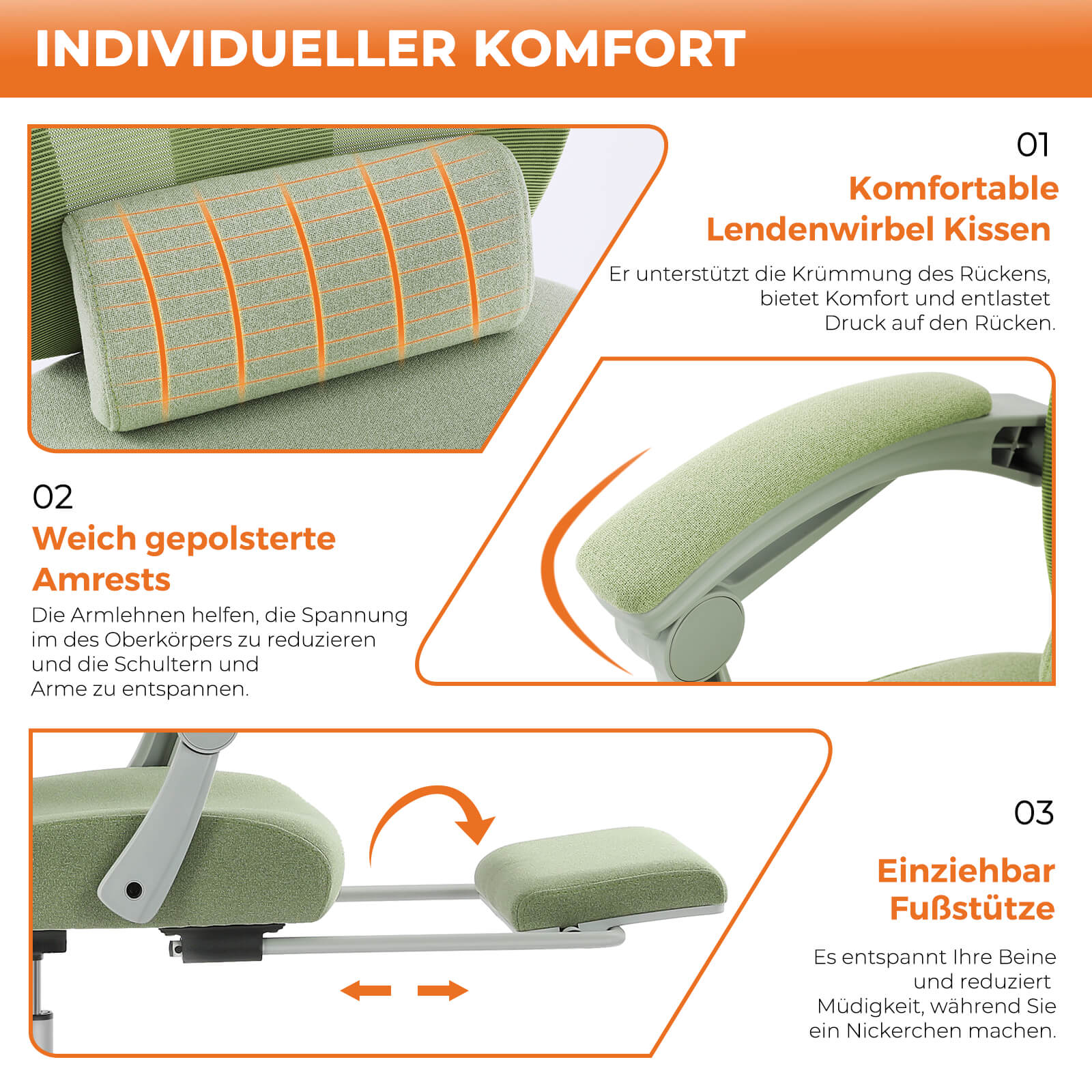 Einklappbare Fußstütze Ergonomischer Bürodrehstuhl mit Lendenstützkissen und gepolsterten Armlehnen