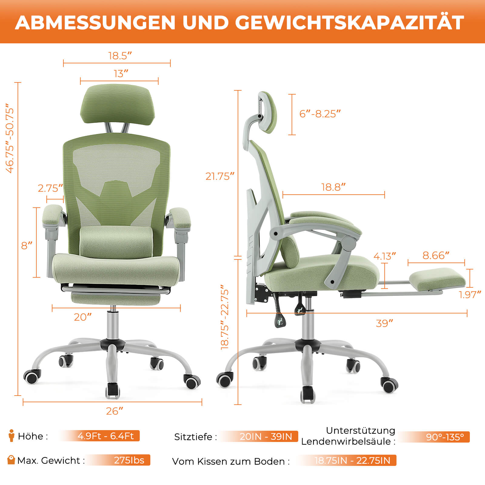 Einklappbare Fußstütze Ergonomischer Bürodrehstuhl mit Lendenstützkissen und gepolsterten Armlehnen