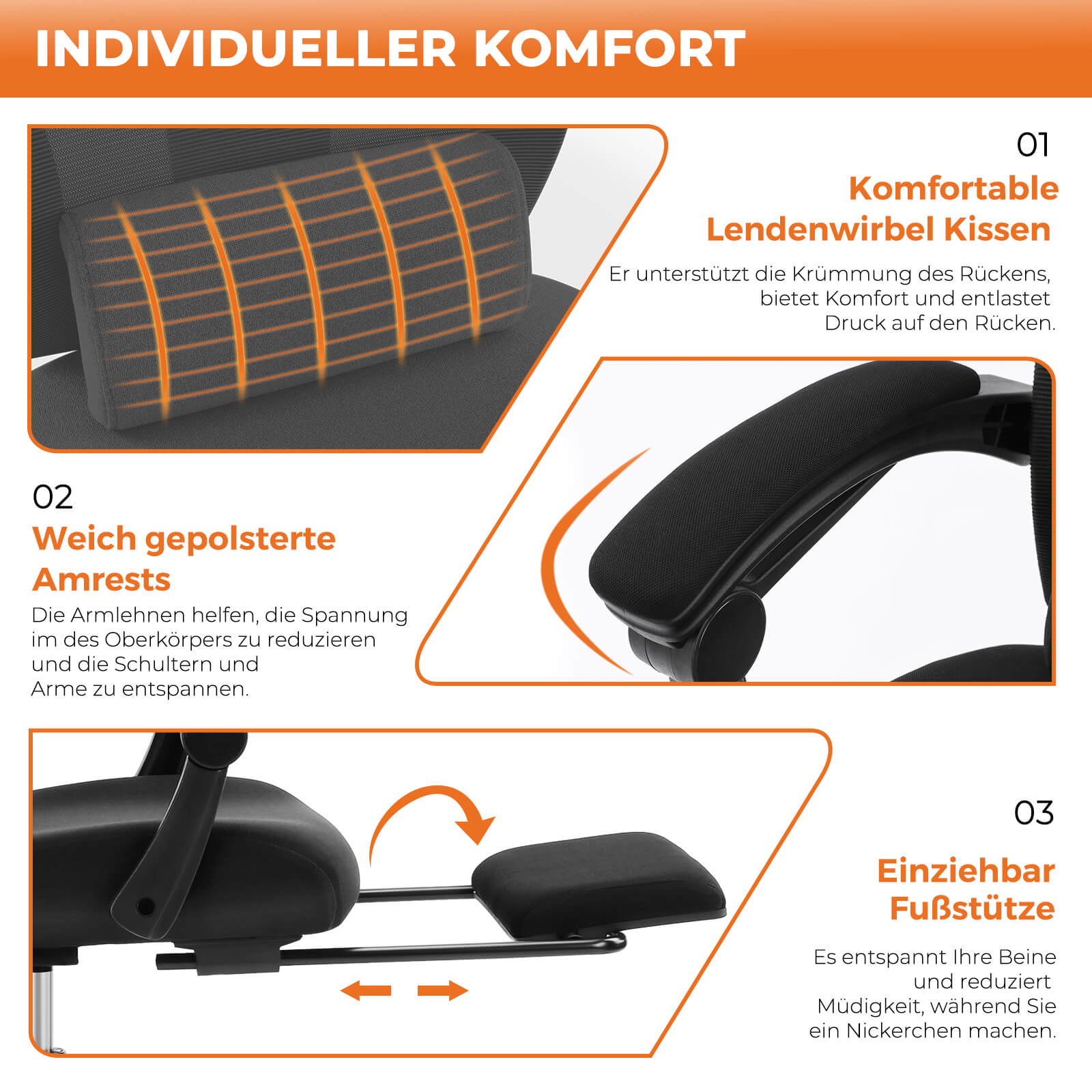 Einklappbare Fußstütze Ergonomischer Bürodrehstuhl mit Lendenstützkissen und gepolsterten Armlehnen
