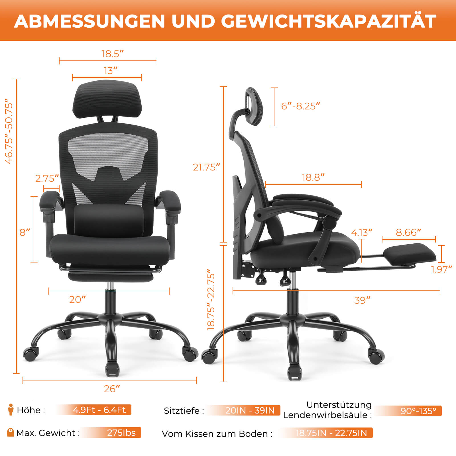 Einklappbare Fußstütze Ergonomischer Bürodrehstuhl mit Lendenstützkissen und gepolsterten Armlehnen