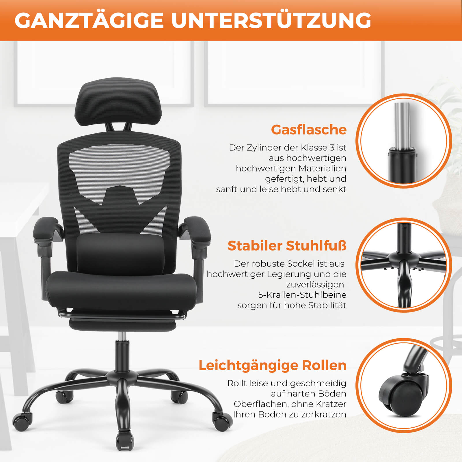 Einklappbare Fußstütze Ergonomischer Bürodrehstuhl mit Lendenstützkissen und gepolsterten Armlehnen