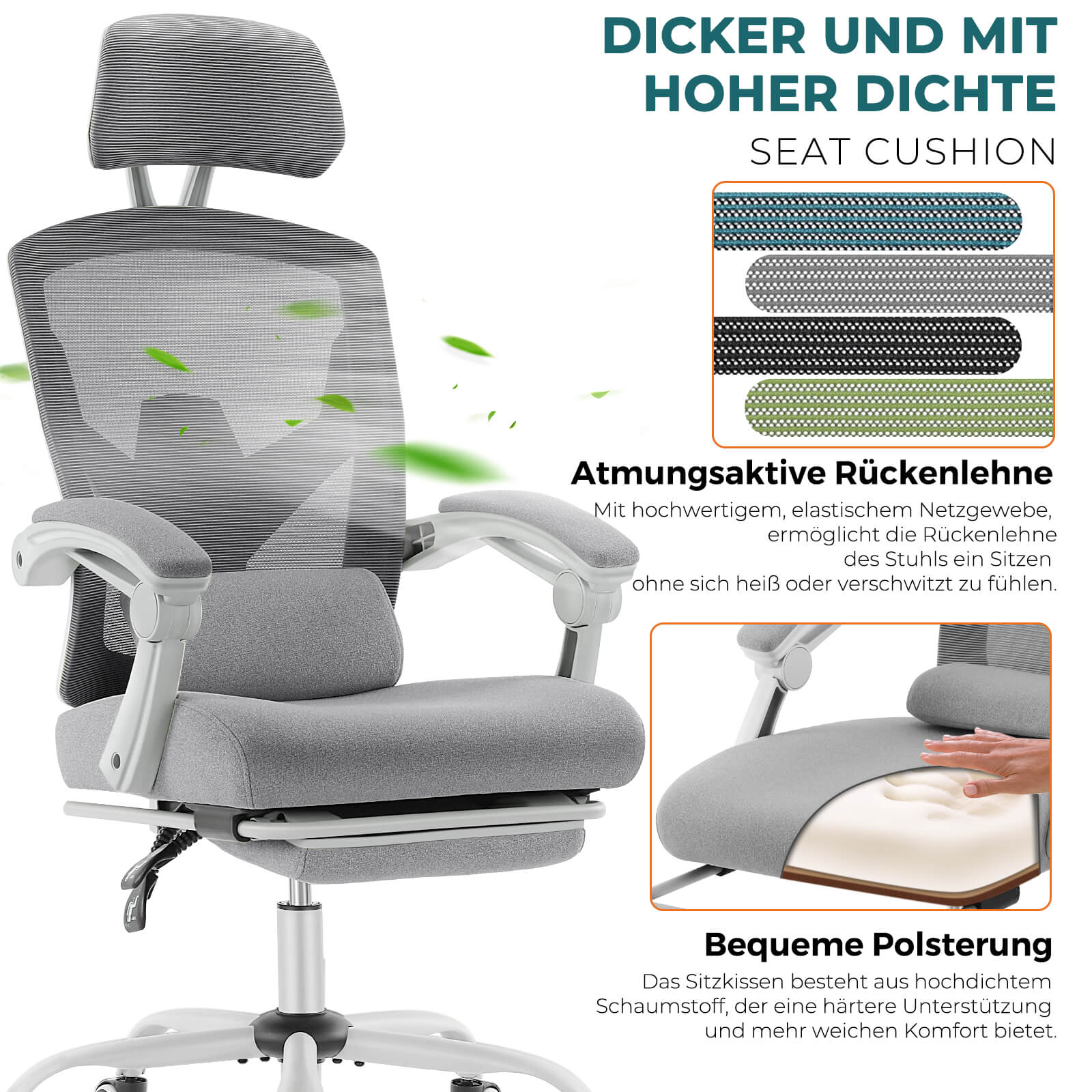 Einklappbare Fußstütze Ergonomischer Bürodrehstuhl mit Lendenstützkissen und gepolsterten Armlehnen