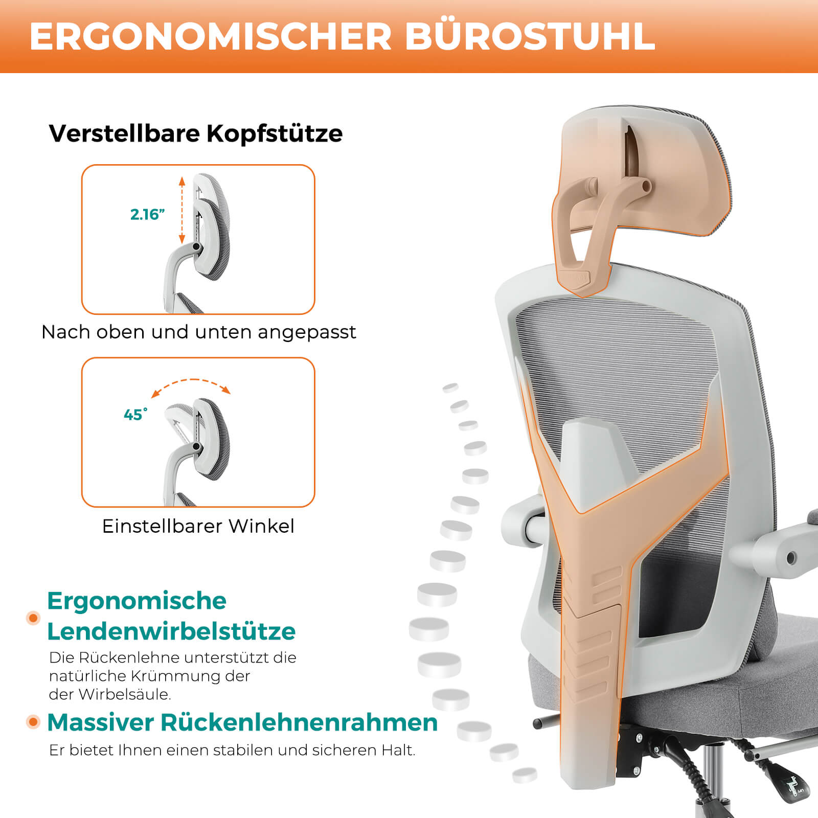 Einklappbare Fußstütze Ergonomischer Bürodrehstuhl mit Lendenstützkissen und gepolsterten Armlehnen