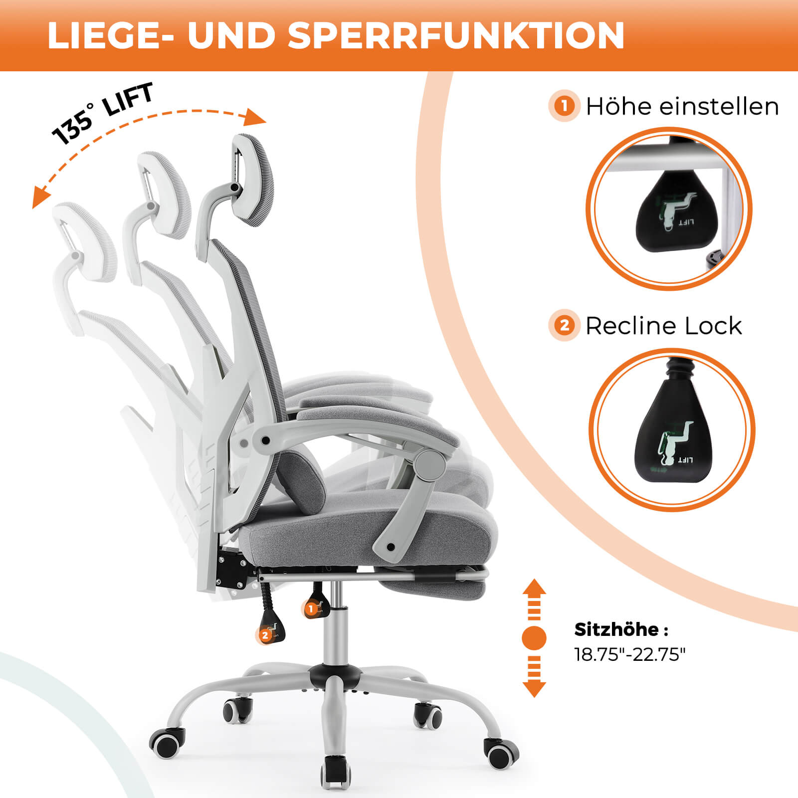 Einklappbare Fußstütze Ergonomischer Bürodrehstuhl mit Lendenstützkissen und gepolsterten Armlehnen