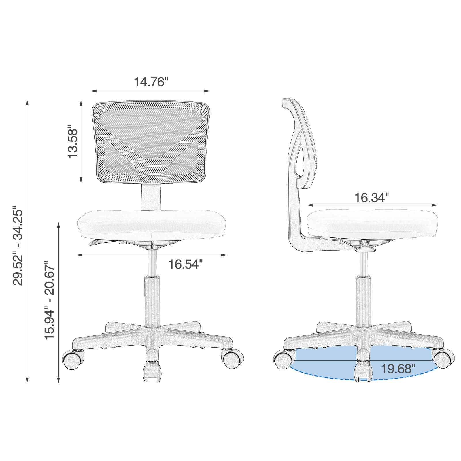 Low-Back Mesh Armless Office Chair,Swivel Rolling Computer Stuhl keine Arme mit Lendenwirbelstütze