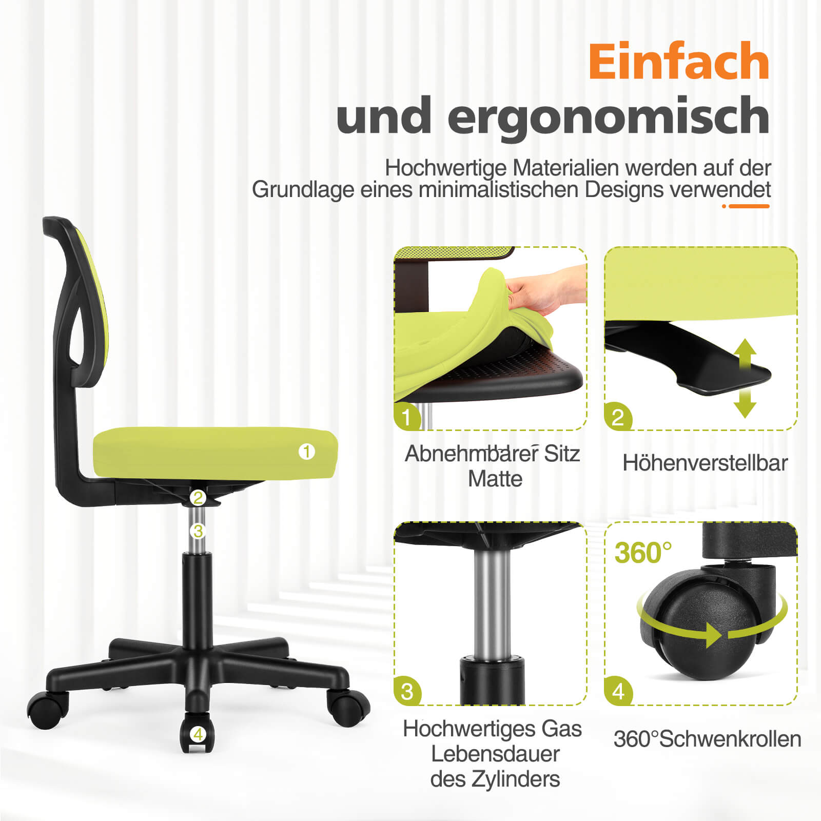 Low-Back Mesh Armless Office Chair,Swivel Rolling Computer Stuhl keine Arme mit Lendenwirbelstütze