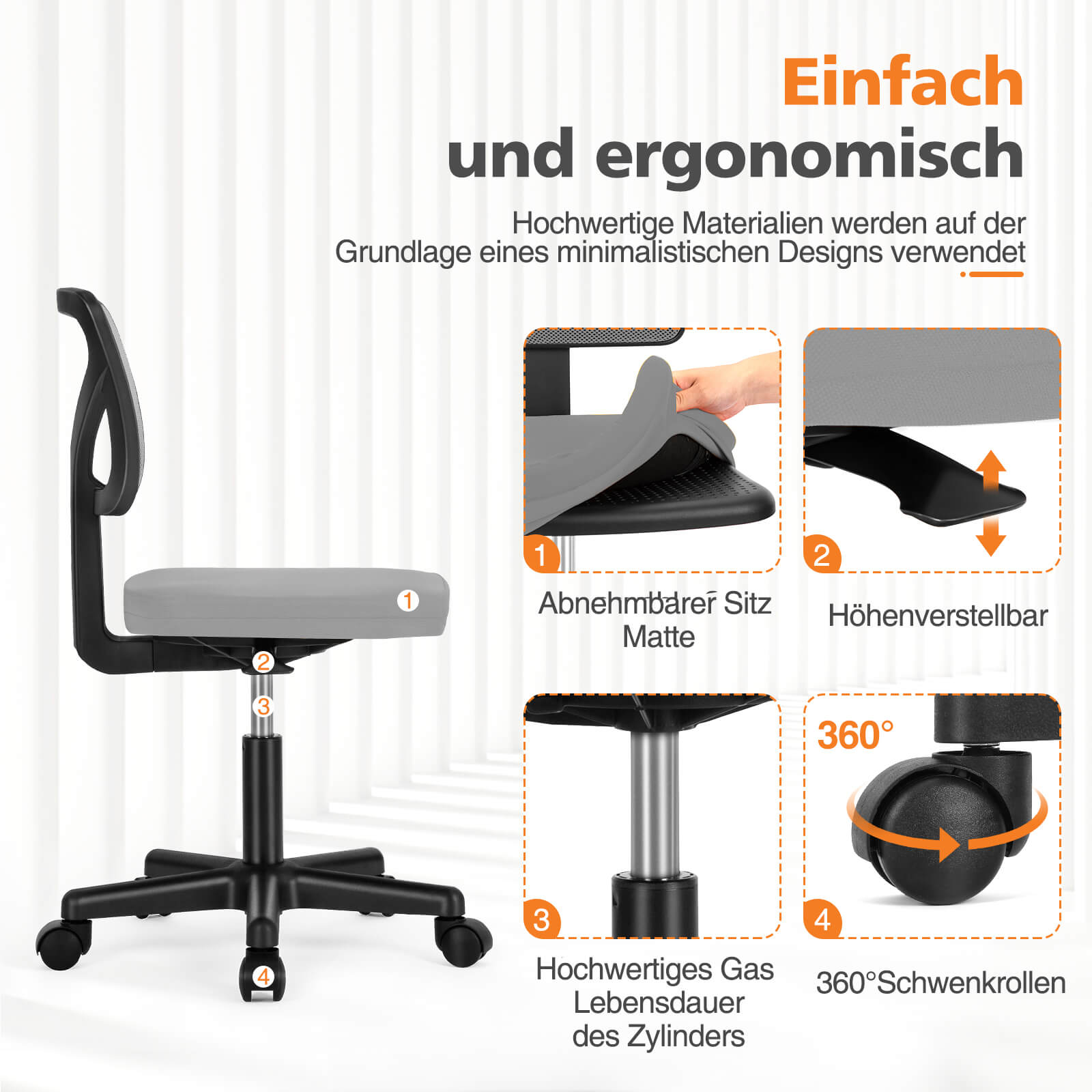 Low-Back Mesh Armless Office Chair,Swivel Rolling Computer Stuhl keine Arme mit Lendenwirbelstütze
