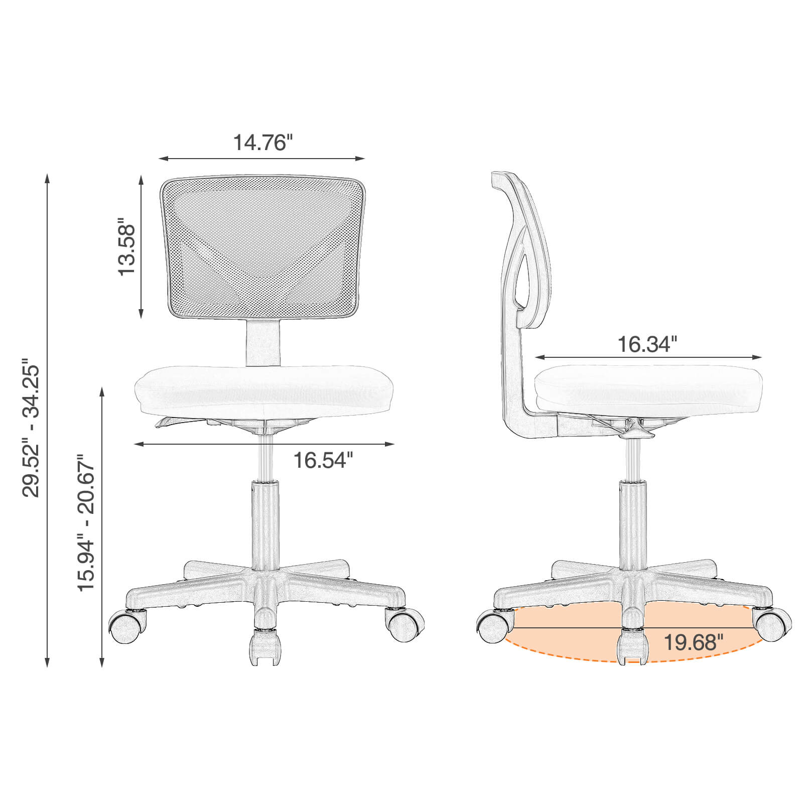 Low-Back Mesh Armless Office Chair,Swivel Rolling Computer Stuhl keine Arme mit Lendenwirbelstütze