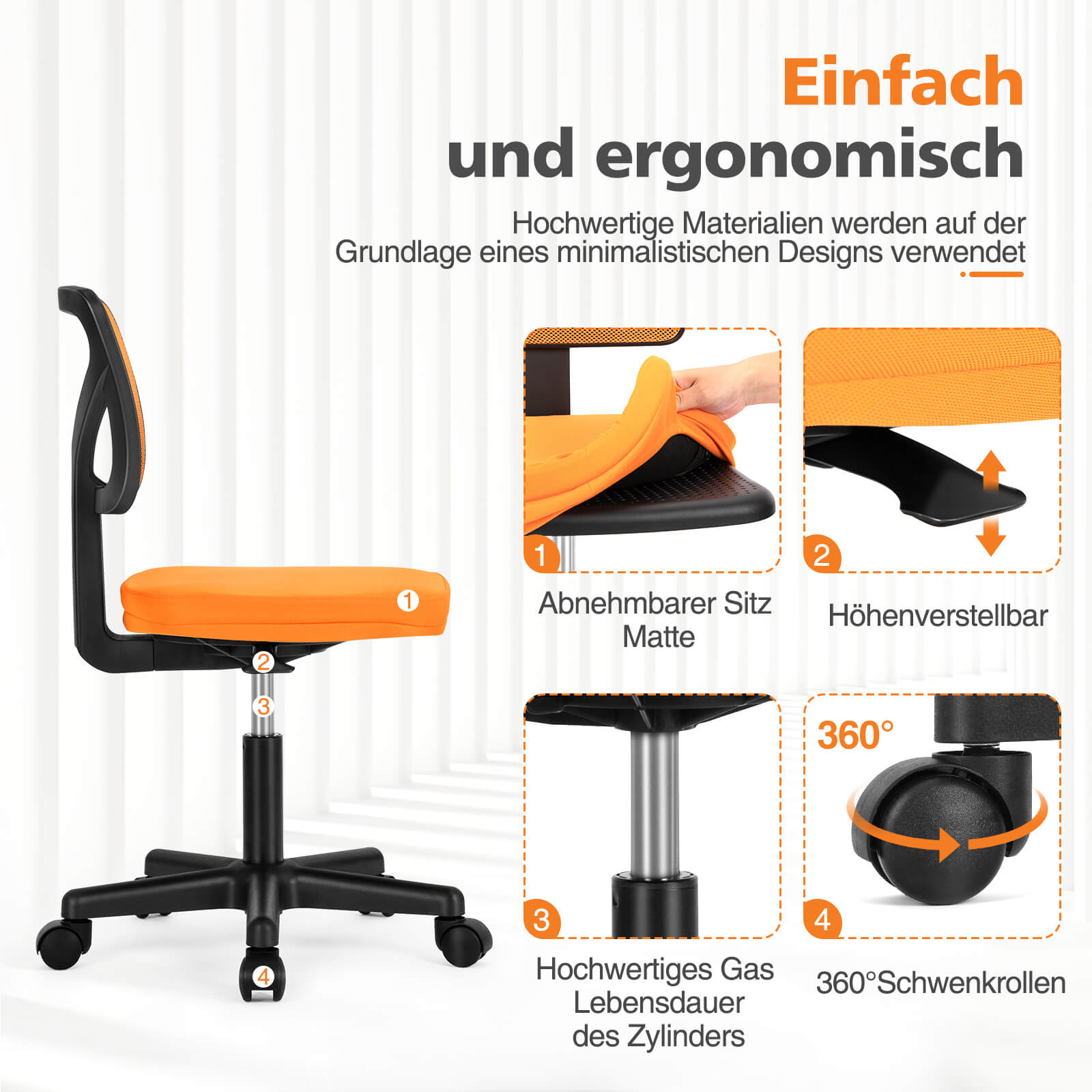Low-Back Mesh Armless Office Chair,Swivel Rolling Computer Stuhl keine Arme mit Lendenwirbelstütze
