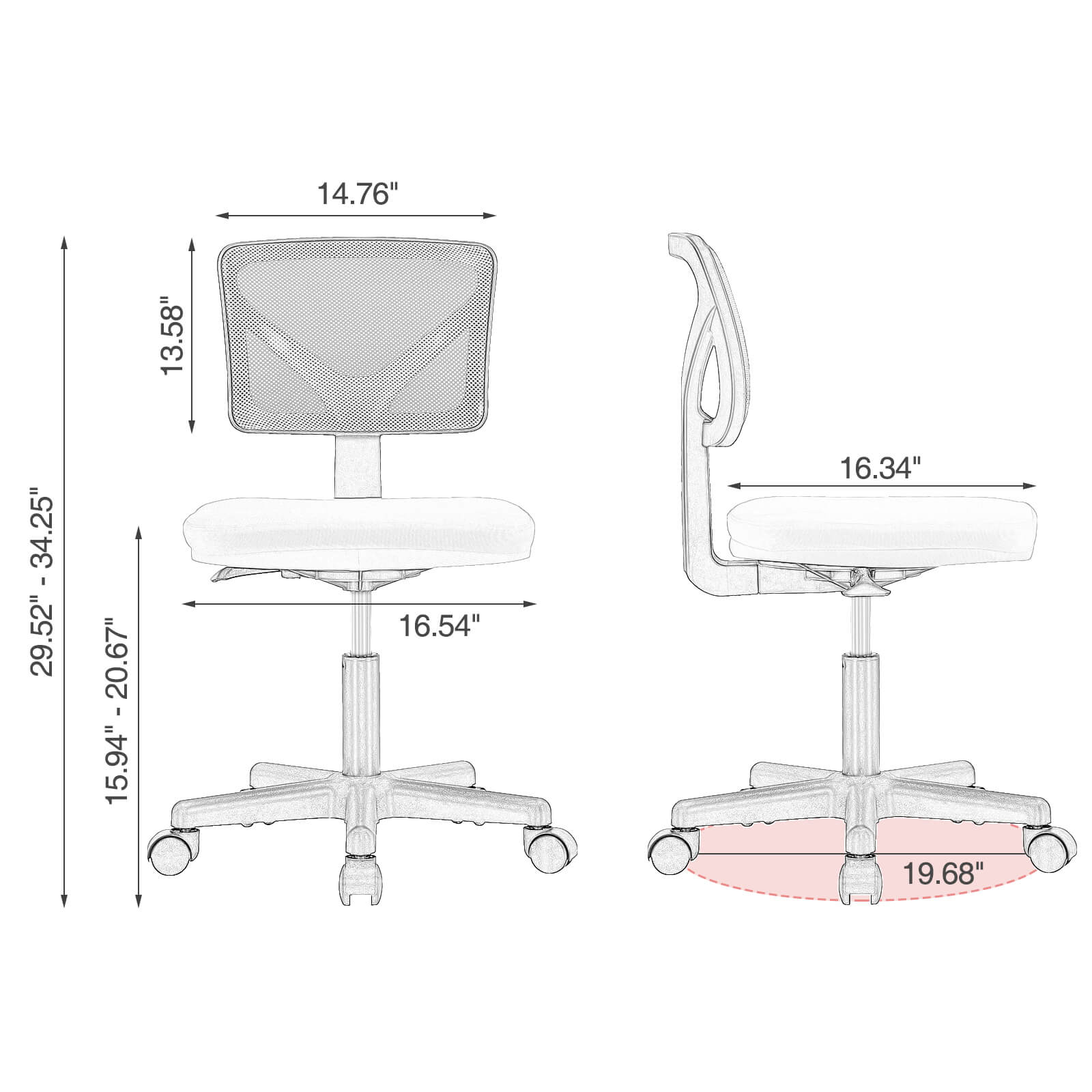 Low-Back Mesh Armless Office Chair,Swivel Rolling Computer Stuhl keine Arme mit Lendenwirbelstütze