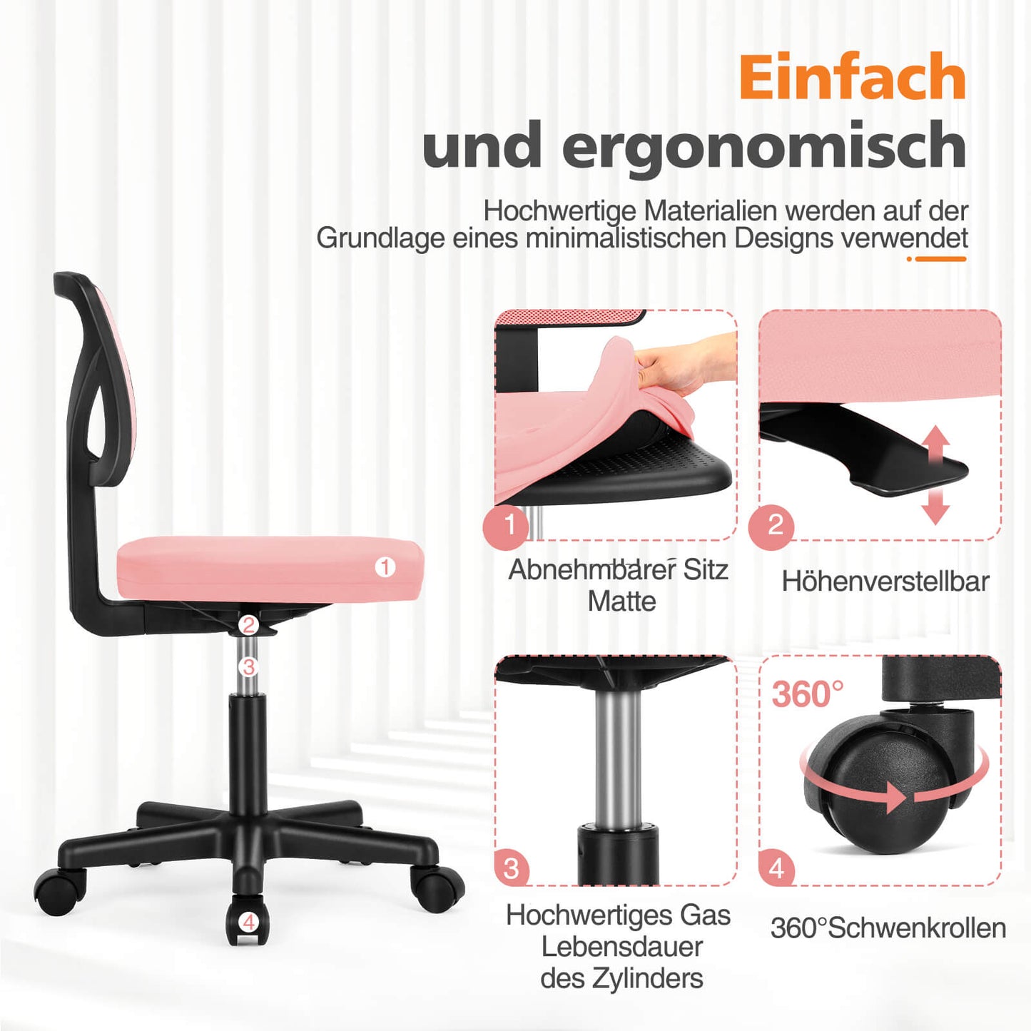 Sweetcrispy höhenverstellbarer Drehstuhl mit Rollen und Netzrücken für Büro
