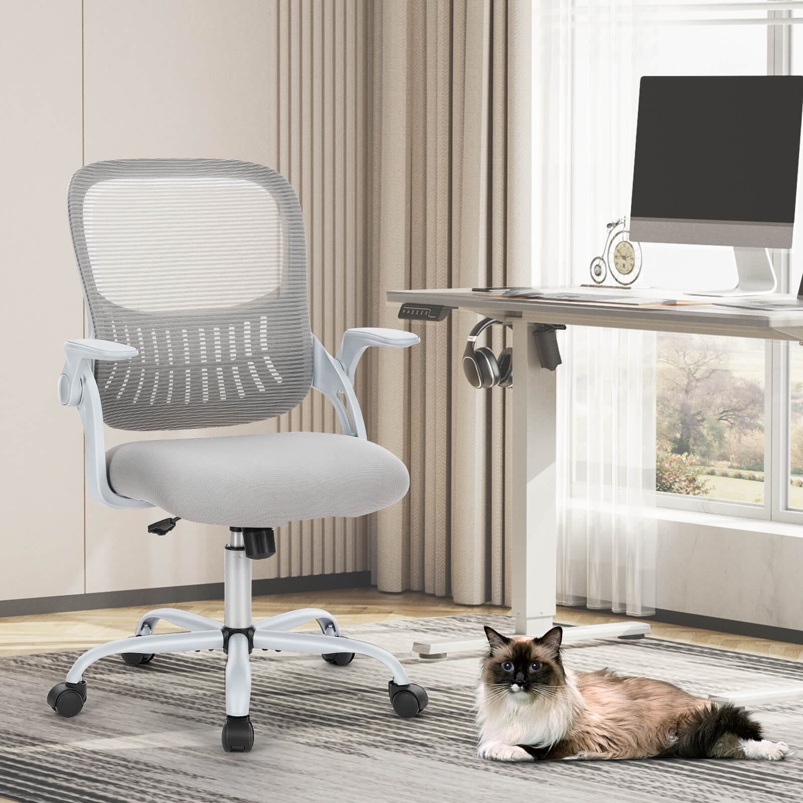 Ergonomische Home Mesh Office Schreibtischstühle mit Flip up Armlehnen, Lendenwirbelstütze